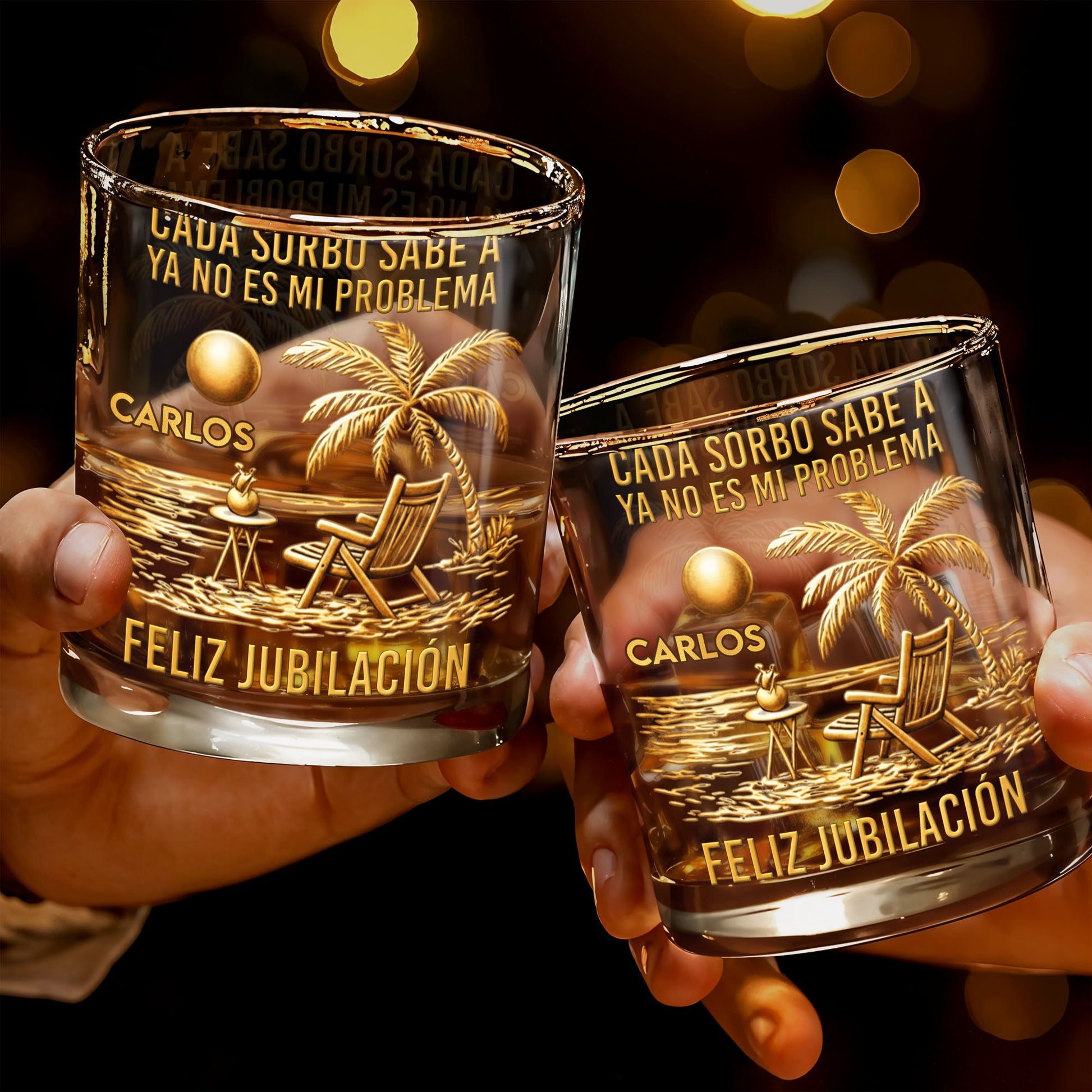 Cada Sorbo Sabe A Palm Tree Beach Chair - Personalized Custom Whiskey Glass - RETIRE036_RWG