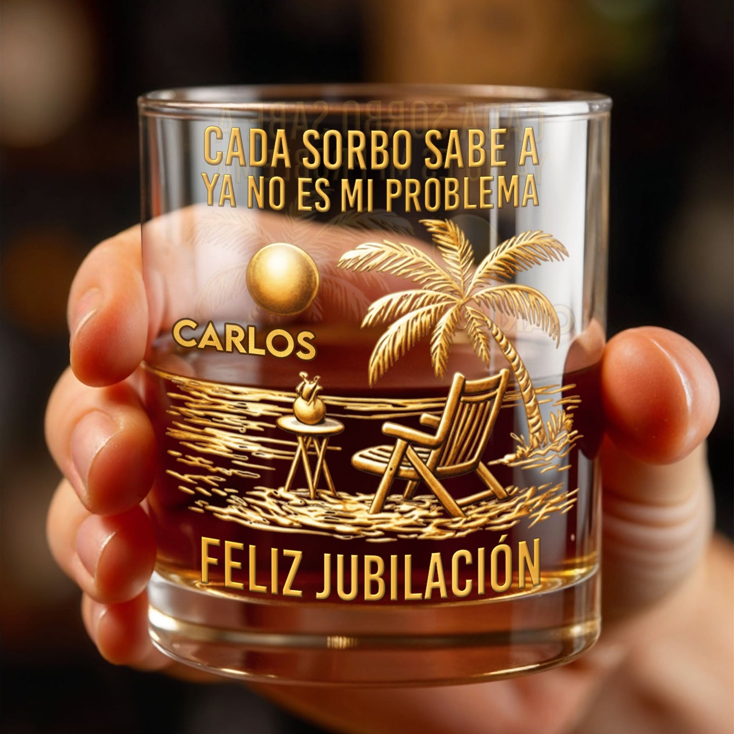 Cada Sorbo Sabe A Palm Tree Beach Chair - Personalized Custom Whiskey Glass - RETIRE036_RWG