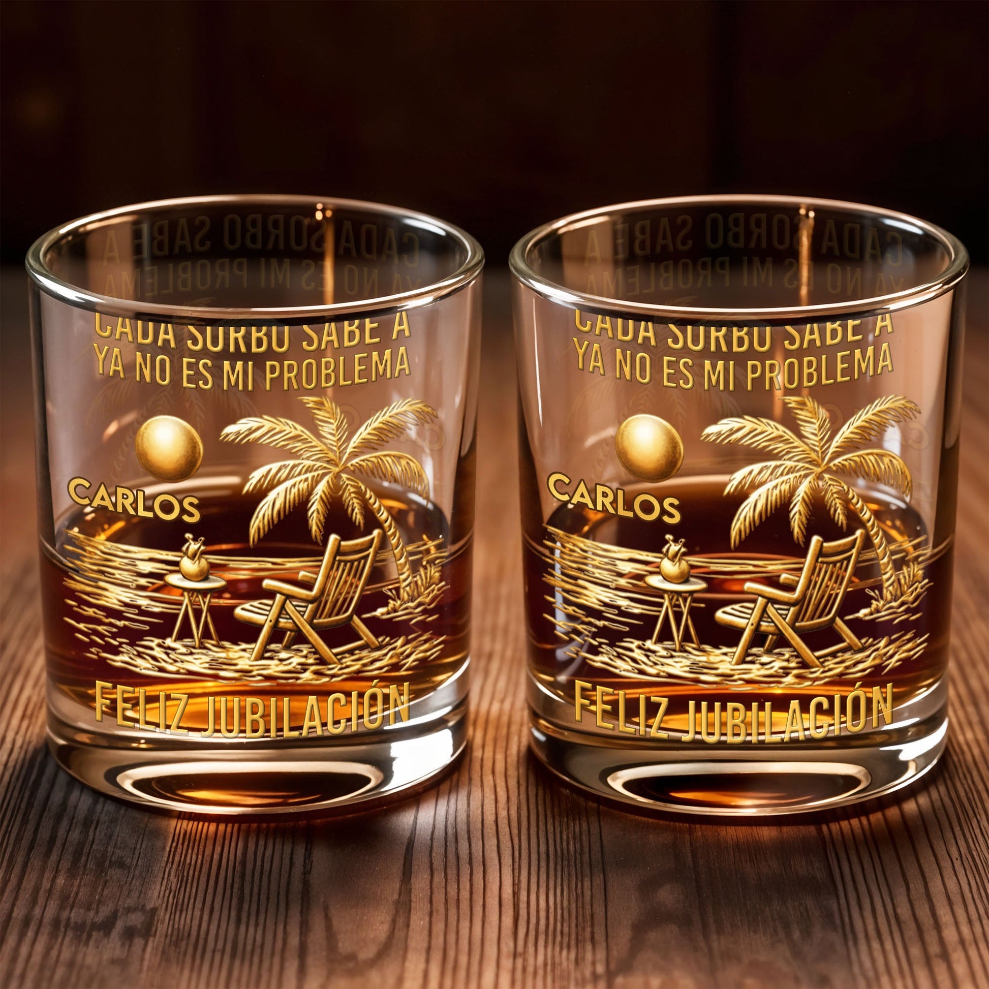 Cada Sorbo Sabe A Palm Tree Beach Chair - Personalized Custom Whiskey Glass - RETIRE036_RWG