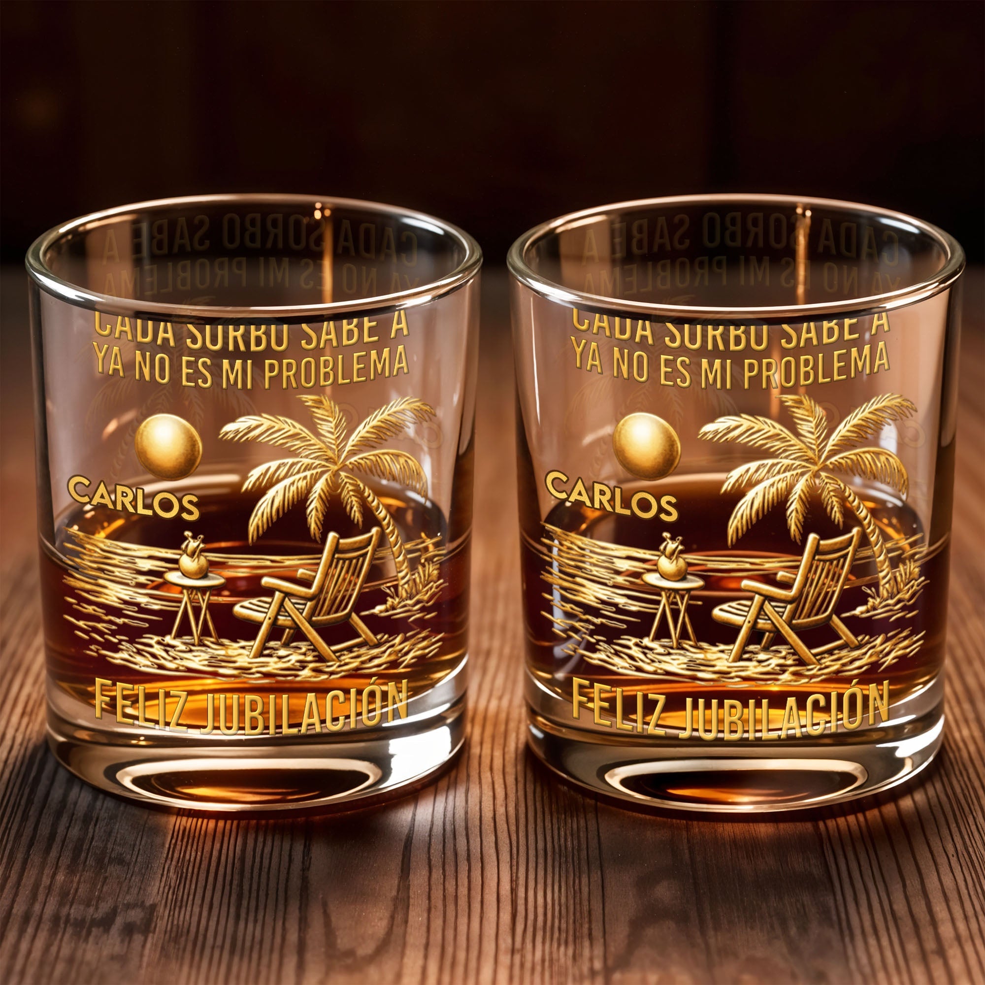 Cada Sorbo Sabe A Palm Tree Beach Chair - Personalized Custom Whiskey Glass - RETIRE036_RWG