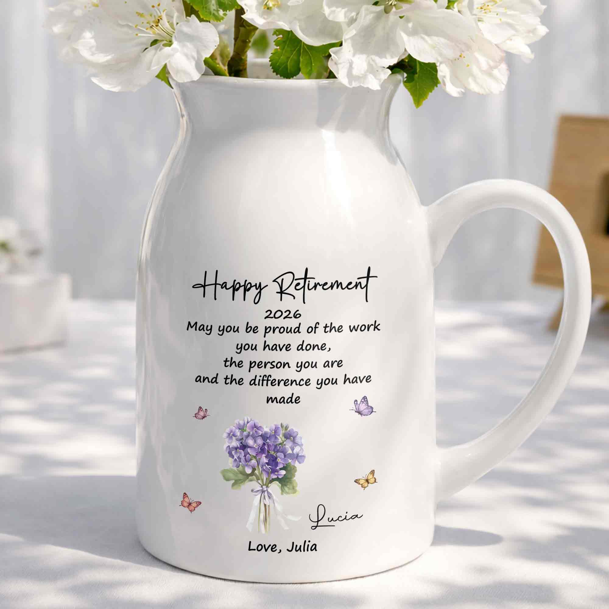 Happy Retirement May You Be Proud Purple Flowers And Butterflies - Personalized Ceramic Flower Vase