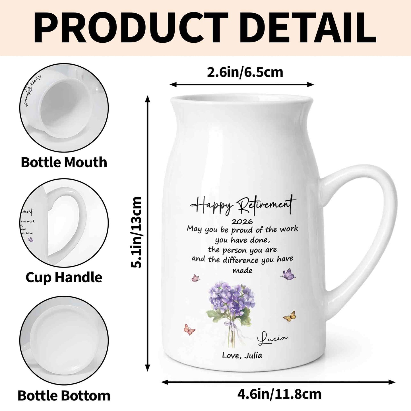 Happy Retirement May You Be Proud Purple Flowers And Butterflies - Personalized Ceramic Flower Vase
