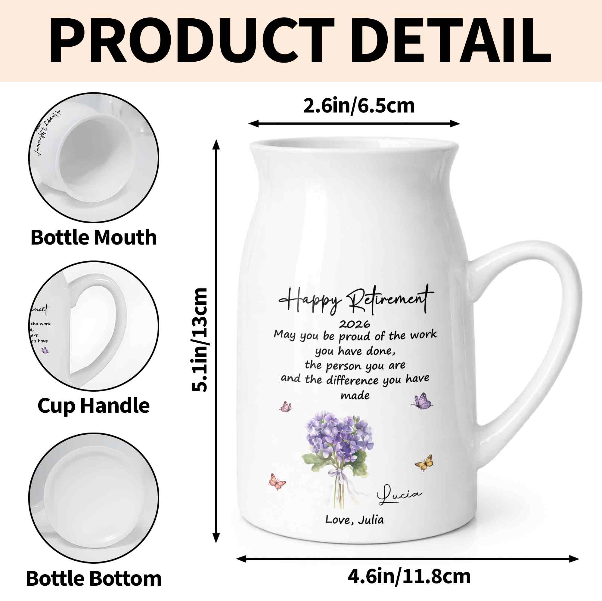 Happy Retirement May You Be Proud Purple Flowers And Butterflies - Personalized Ceramic Flower Vase