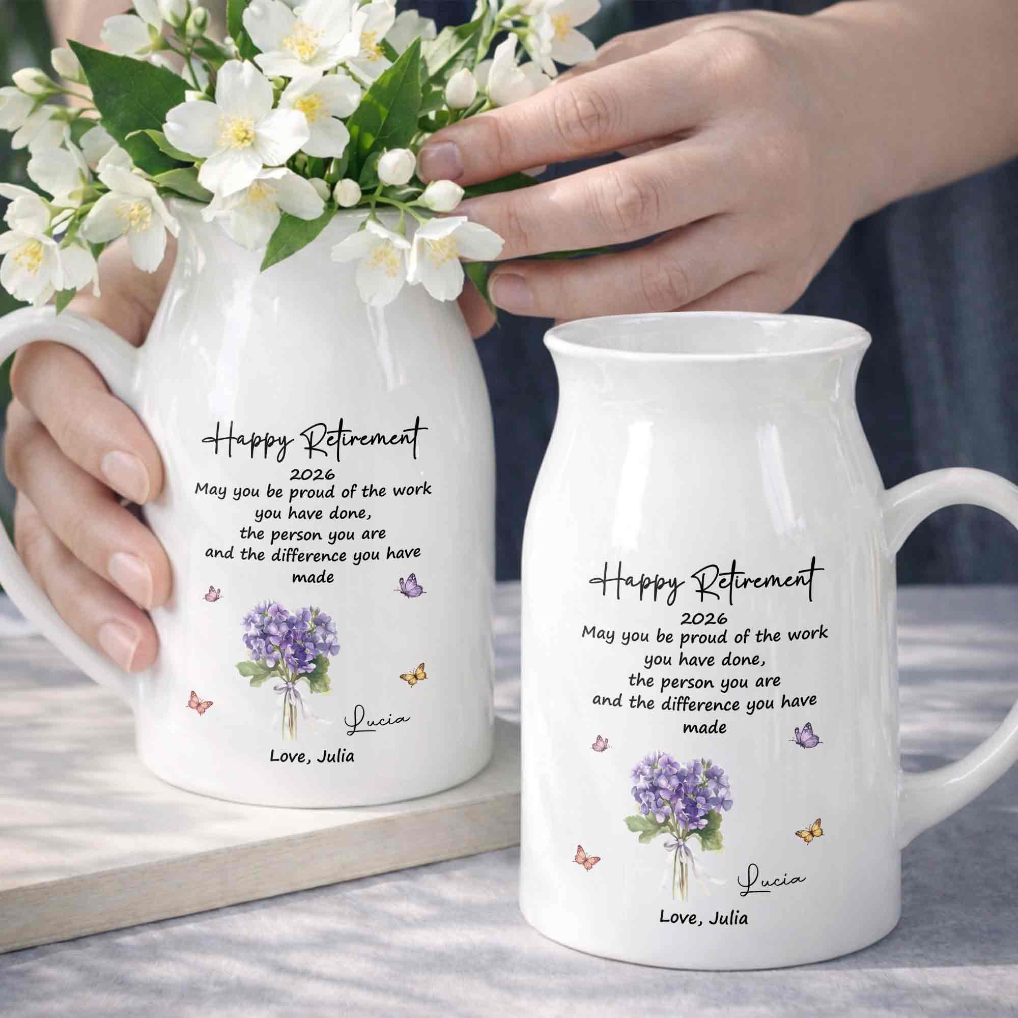 Happy Retirement May You Be Proud Purple Flowers And Butterflies - Personalized Ceramic Flower Vase