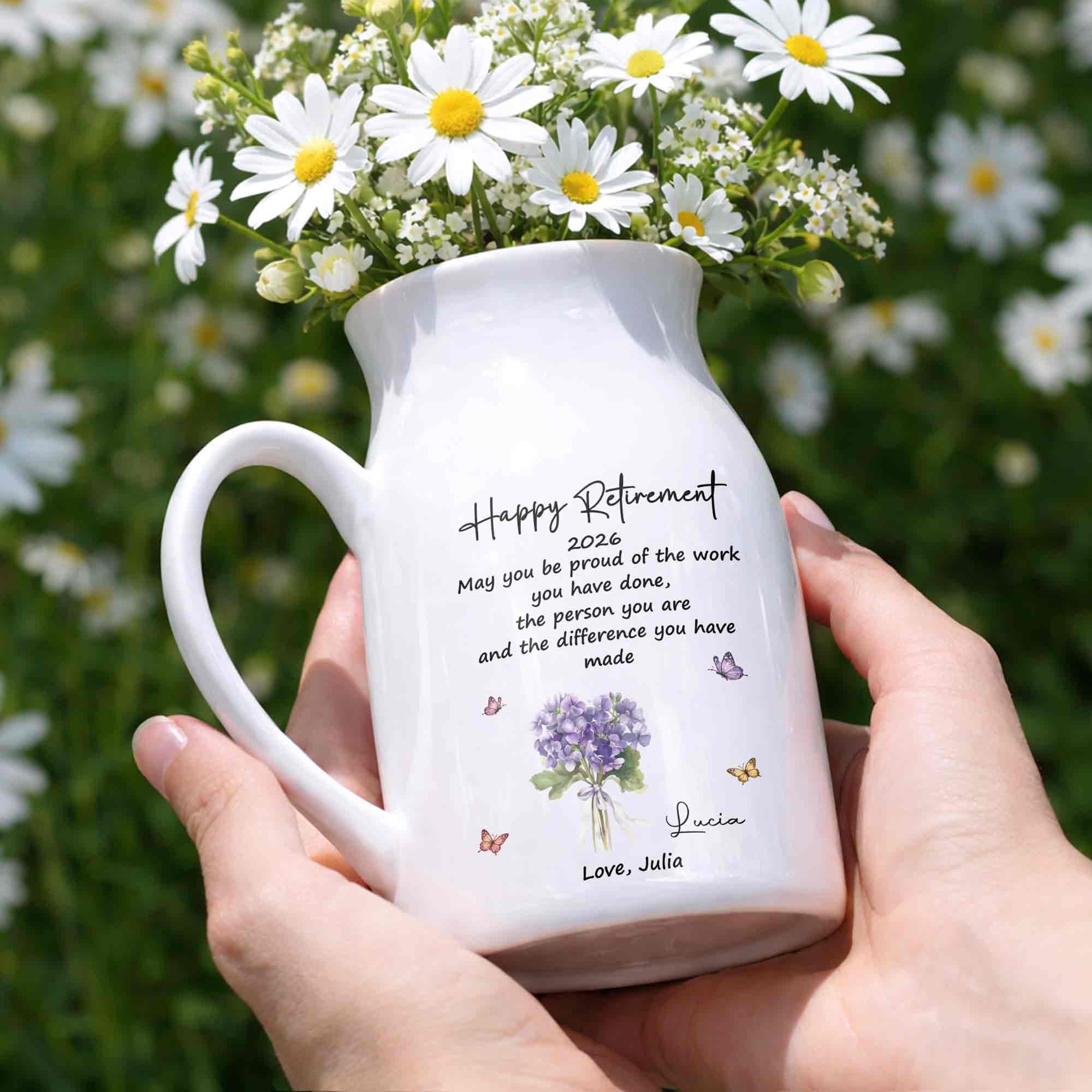 Happy Retirement May You Be Proud Purple Flowers And Butterflies - Personalized Ceramic Flower Vase