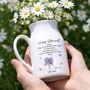 Happy Retirement May You Be Proud Purple Flowers And Butterflies - Personalized Ceramic Flower Vase