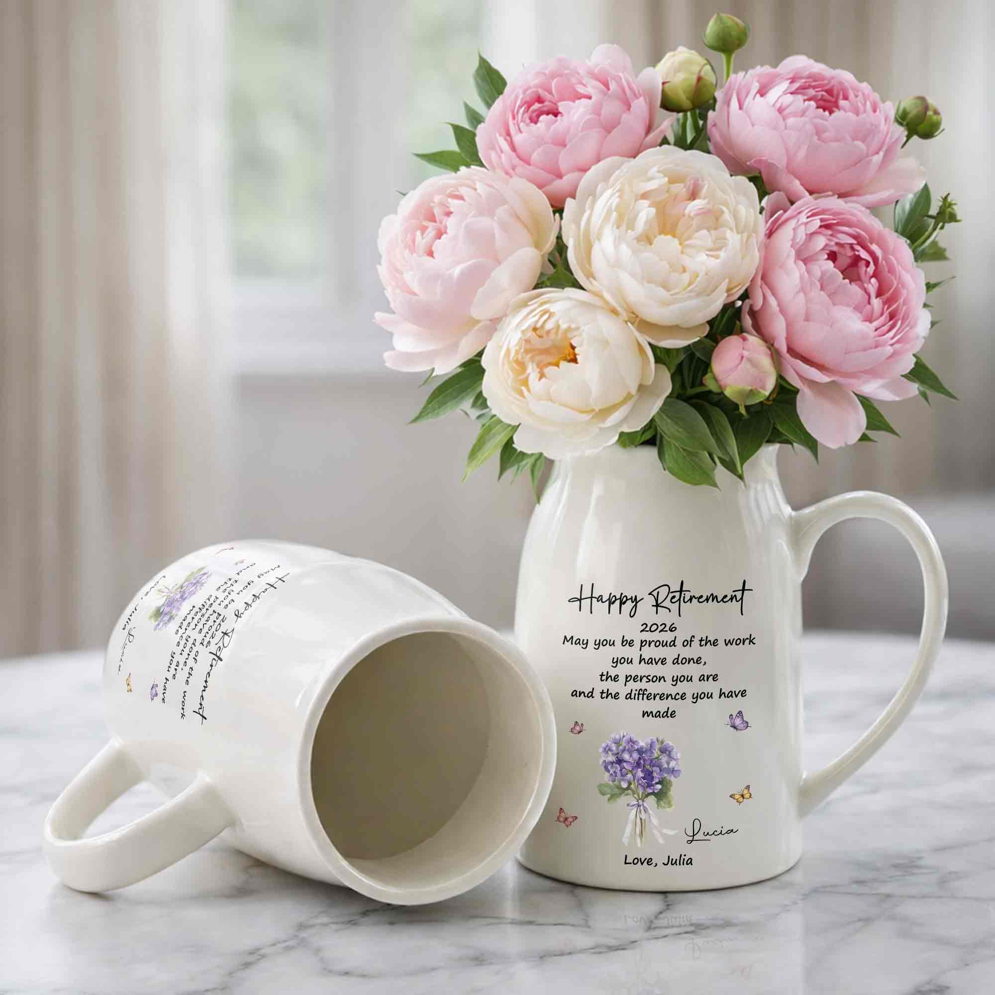Happy Retirement May You Be Proud Purple Flowers And Butterflies - Personalized Ceramic Flower Vase