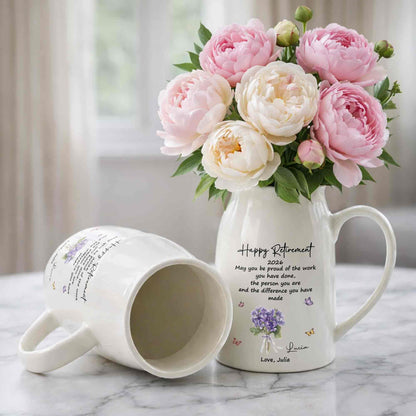 Happy Retirement May You Be Proud Purple Flowers And Butterflies - Personalized Ceramic Flower Vase