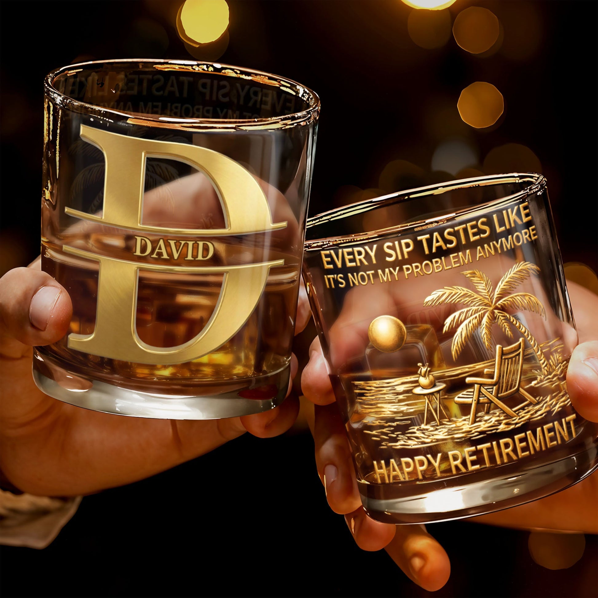 Every Sip Tastes Like It's Not My Problem Anymore Happy Retirement Palm Tree - Personalized Custom Whiskey Glass - RETIRE039_RWG