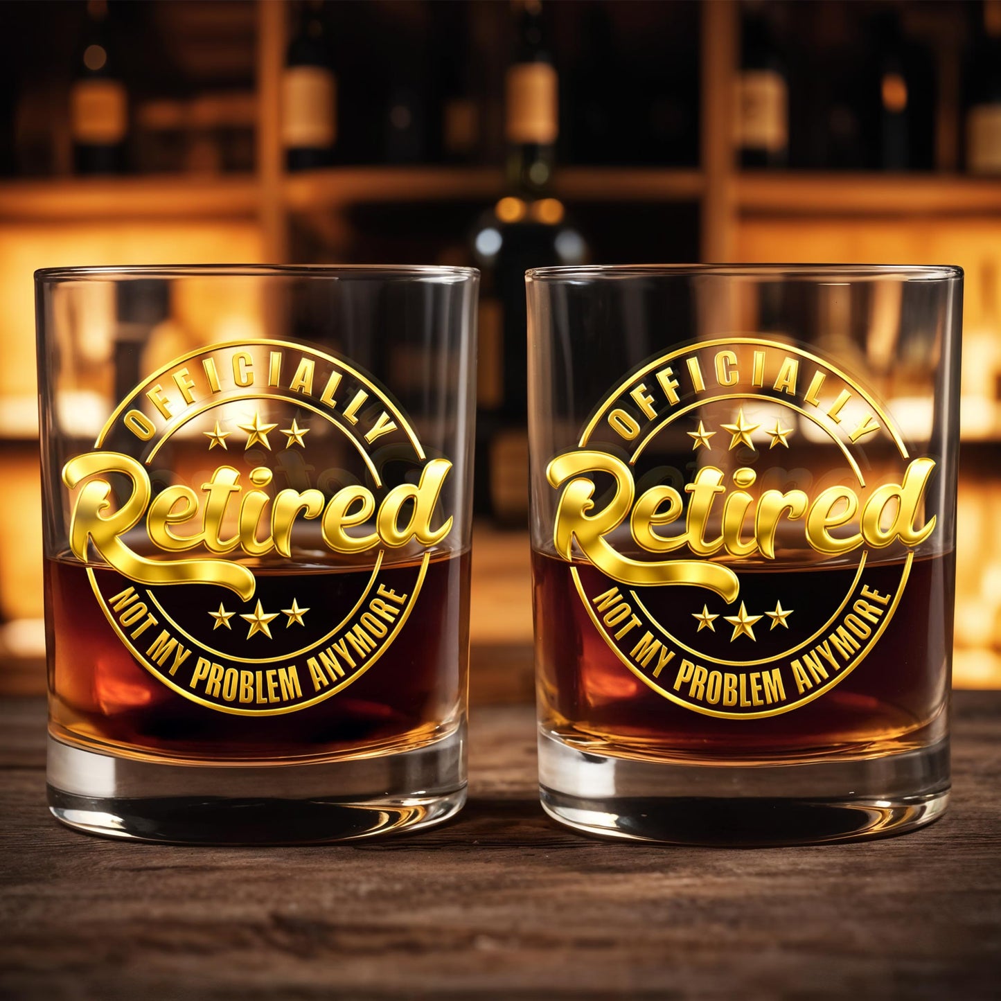 Officially Retired Not My Problem Anymore With Gold Stars - Personalized Custom Whiskey Glass - RETIRE040_RWG
