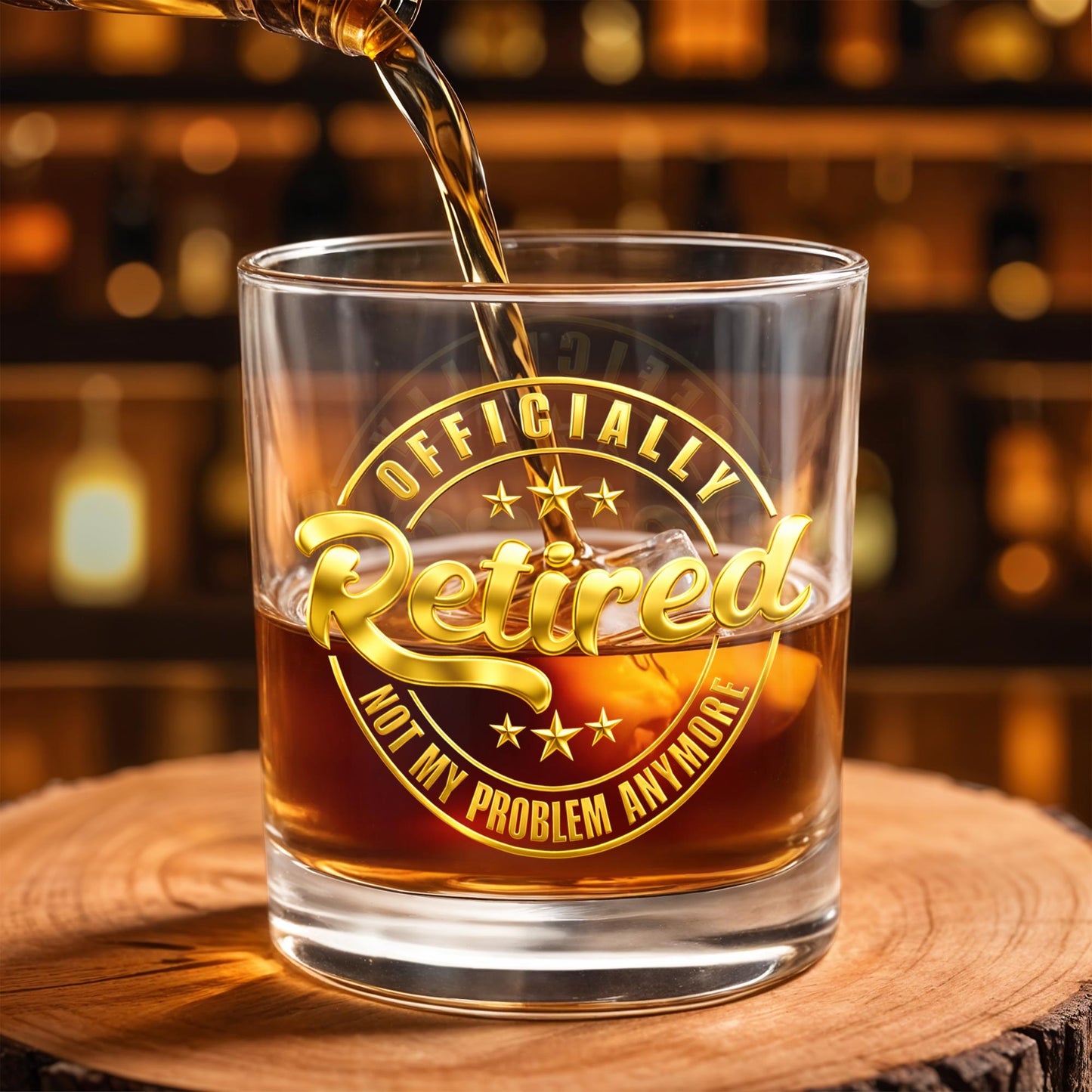 Officially Retired Not My Problem Anymore With Gold Stars - Personalized Custom Whiskey Glass - RETIRE040_RWG