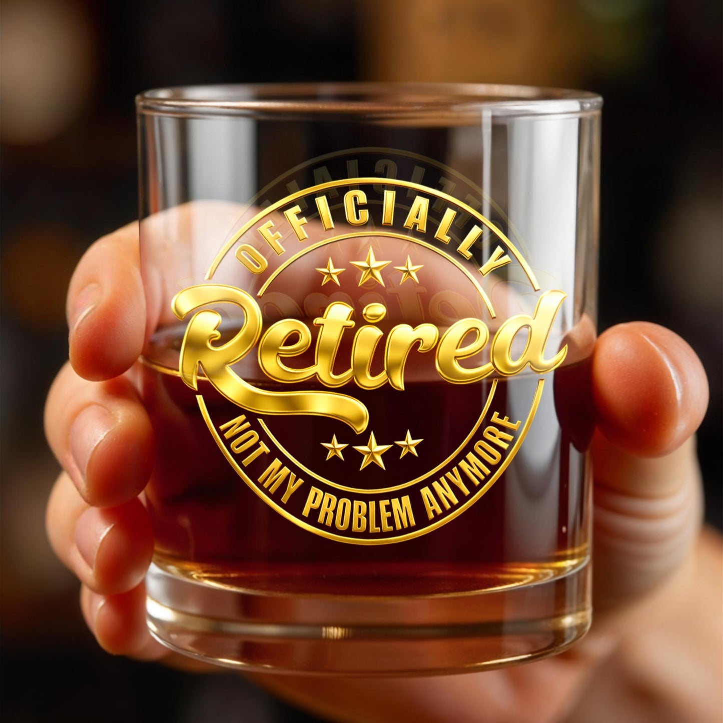 Officially Retired Not My Problem Anymore With Gold Stars - Personalized Custom Whiskey Glass - RETIRE040_RWG