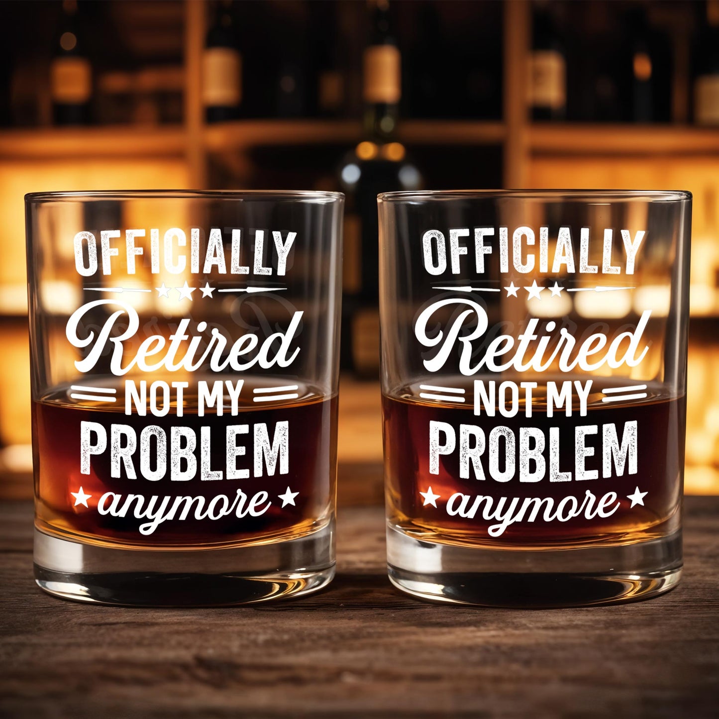 Officially Retired Not My Problem Anymore With Decorative Stars - Personalized Custom Whiskey Glass - RETIRE041_RWG