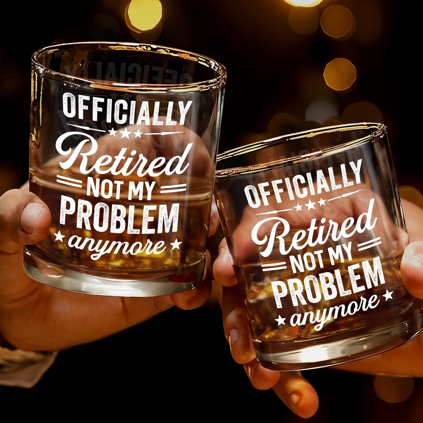 Officially Retired Not My Problem Anymore With Decorative Stars - Personalized Custom Whiskey Glass - RETIRE041_RWG