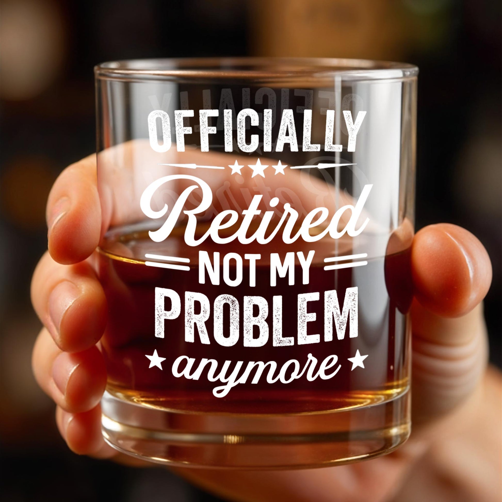 Officially Retired Not My Problem Anymore With Decorative Stars - Personalized Custom Whiskey Glass - RETIRE041_RWG