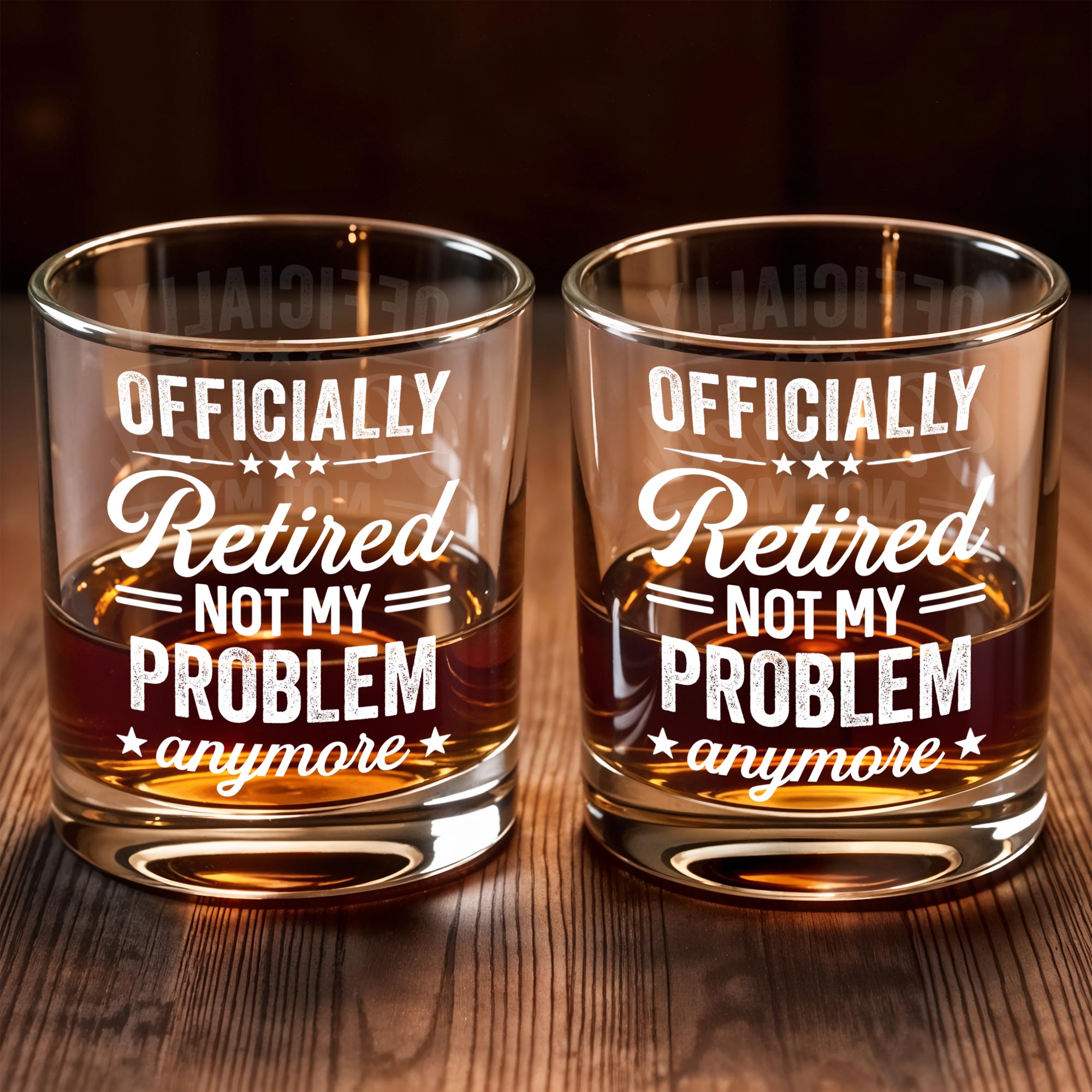 Officially Retired Not My Problem Anymore With Decorative Stars - Personalized Custom Whiskey Glass - RETIRE041_RWG