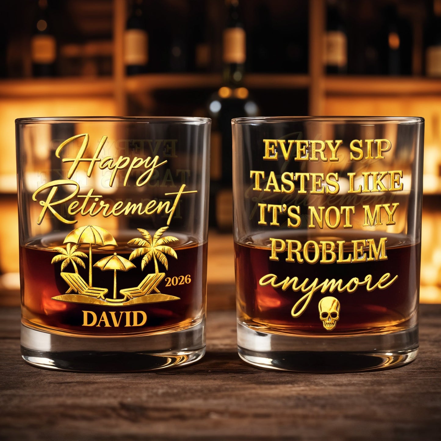 Happy Retirement Every Sip Tastes Like Not My Problem Palm Tree Skull - Personalized Custom Whiskey Glass - RETIRE042_RWG