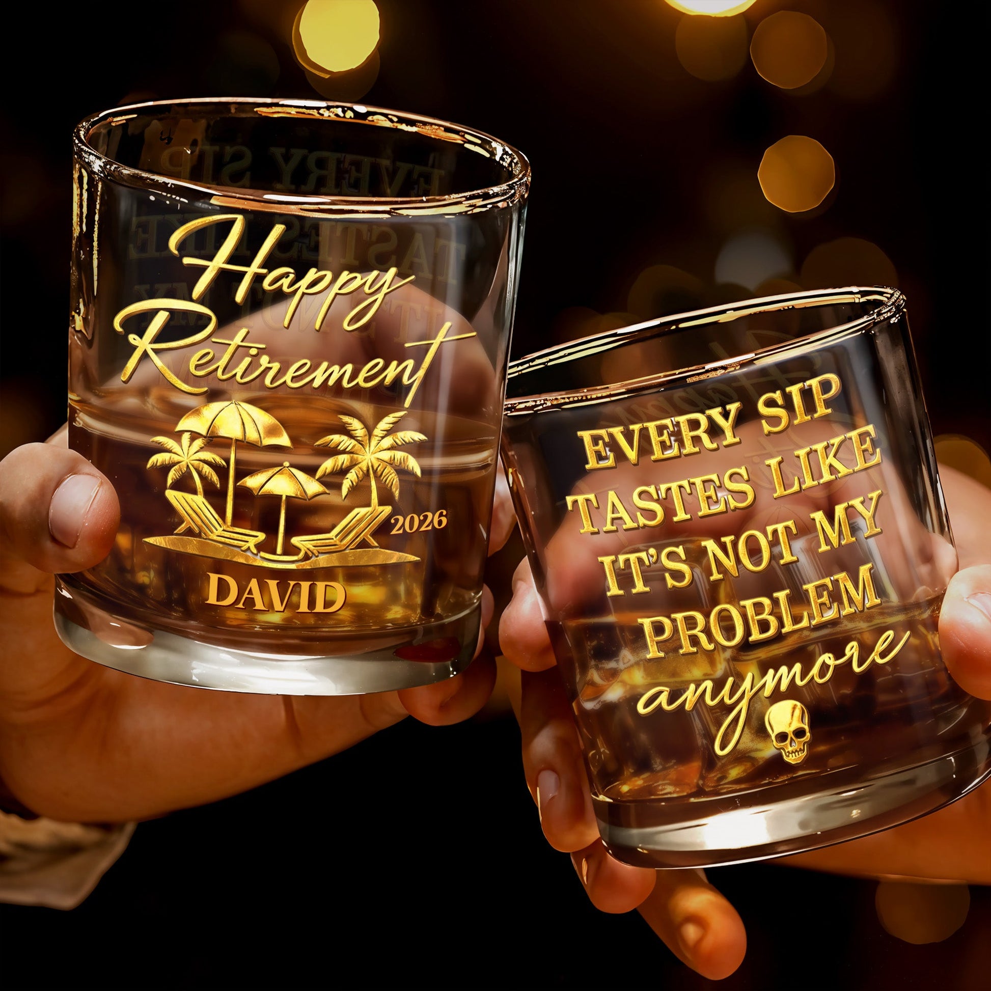 Happy Retirement Every Sip Tastes Like Not My Problem Palm Tree Skull - Personalized Custom Whiskey Glass - RETIRE042_RWG