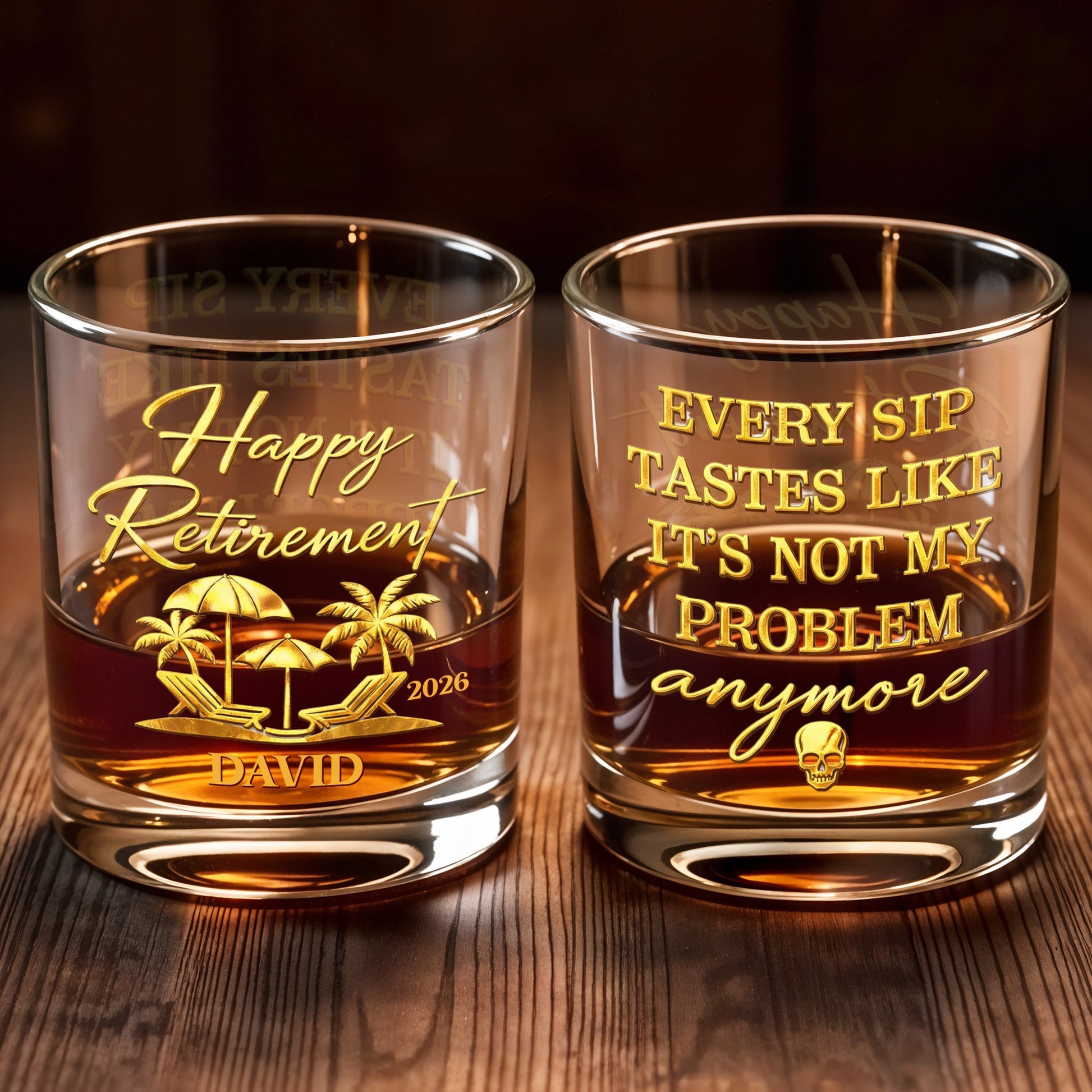 Happy Retirement Every Sip Tastes Like Not My Problem Palm Tree Skull - Personalized Custom Whiskey Glass - RETIRE042_RWG