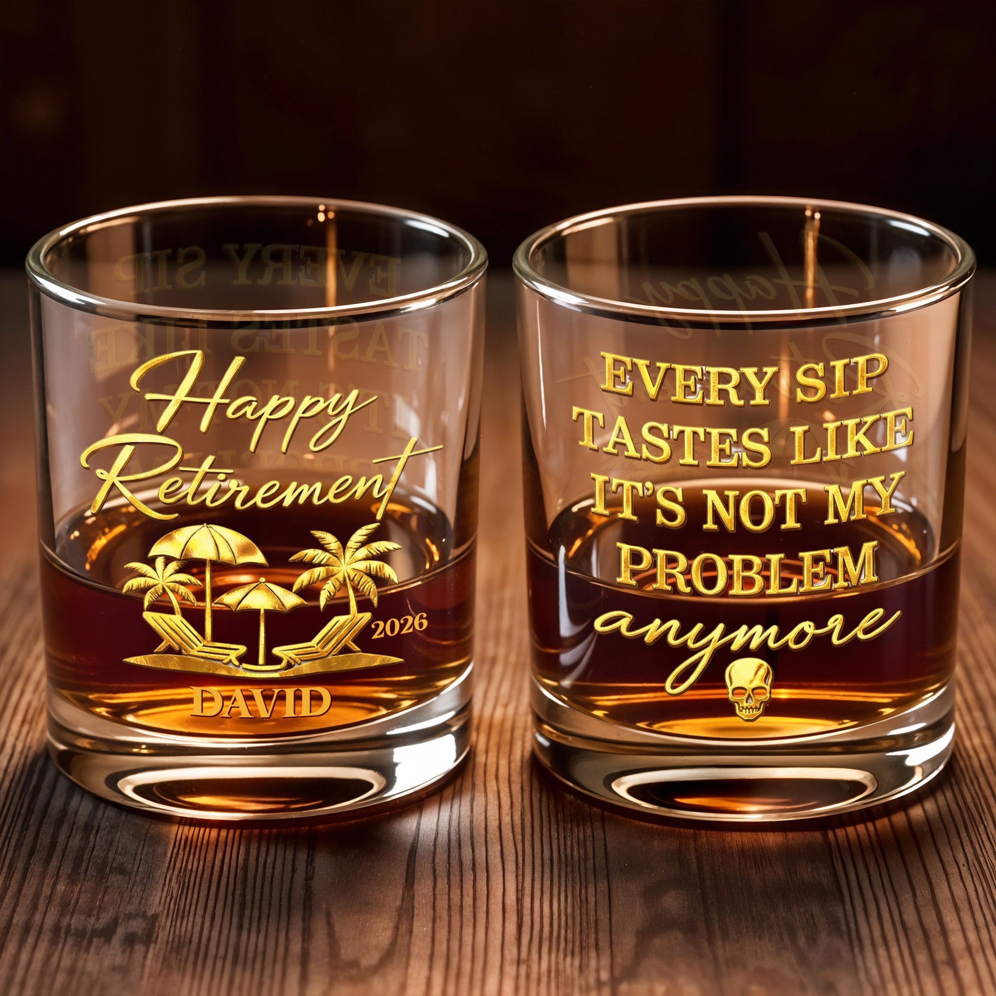 Happy Retirement Every Sip Tastes Like Not My Problem Palm Tree Skull - Personalized Custom Whiskey Glass - RETIRE042_RWG