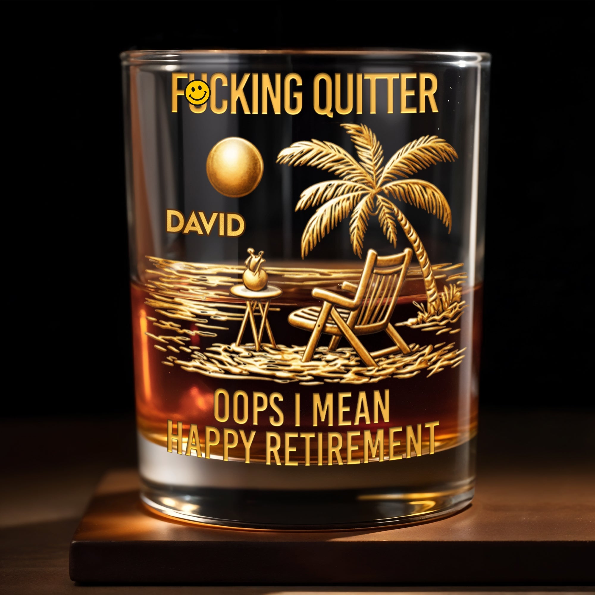 Effing Quitter Oops I Mean Happy Retirement Palm Tree And Beach Chair - Personalized Custom Whiskey Glass - RETIRE046_RWG