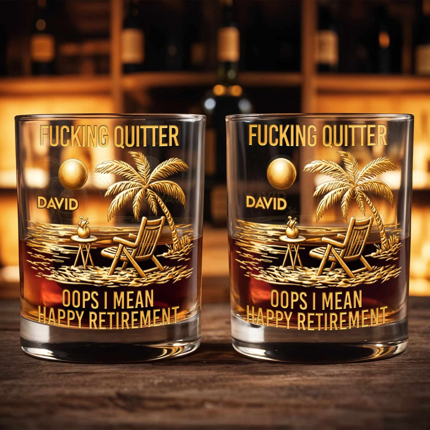 Effing Quitter Oops I Mean Happy Retirement Palm Tree And Beach Chair - Personalized Custom Whiskey Glass - RETIRE046_RWG