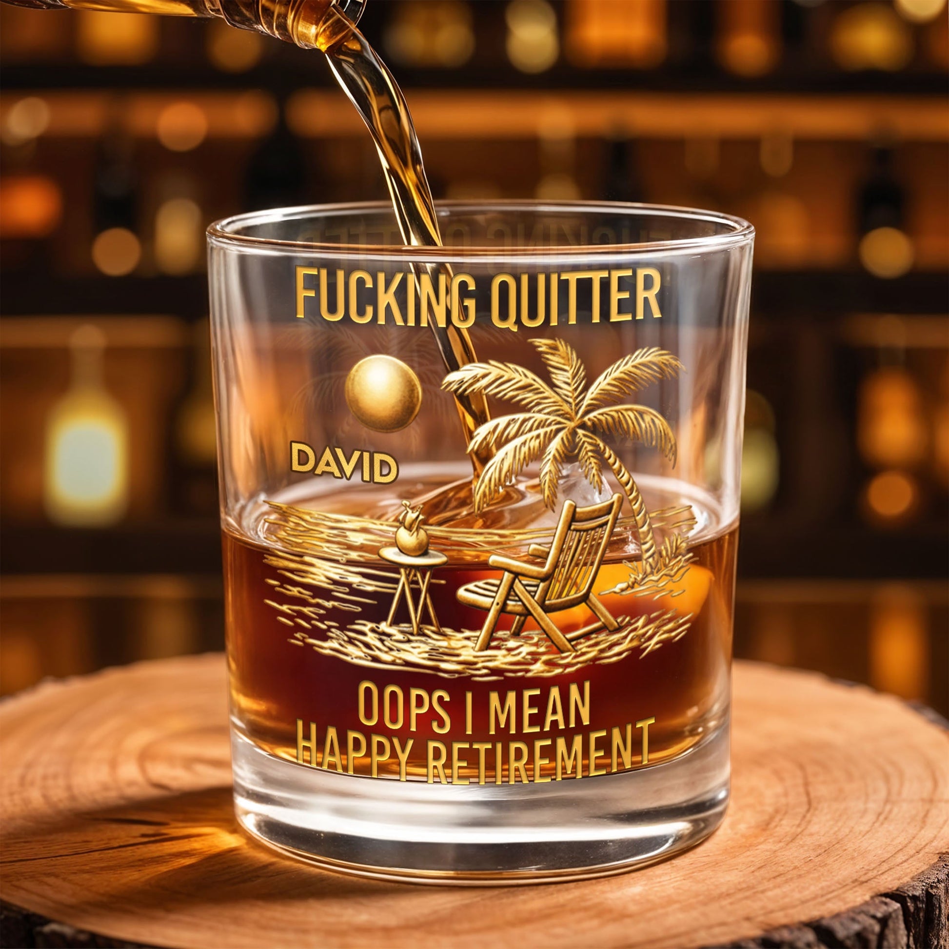 Effing Quitter Oops I Mean Happy Retirement Palm Tree And Beach Chair - Personalized Custom Whiskey Glass - RETIRE046_RWG