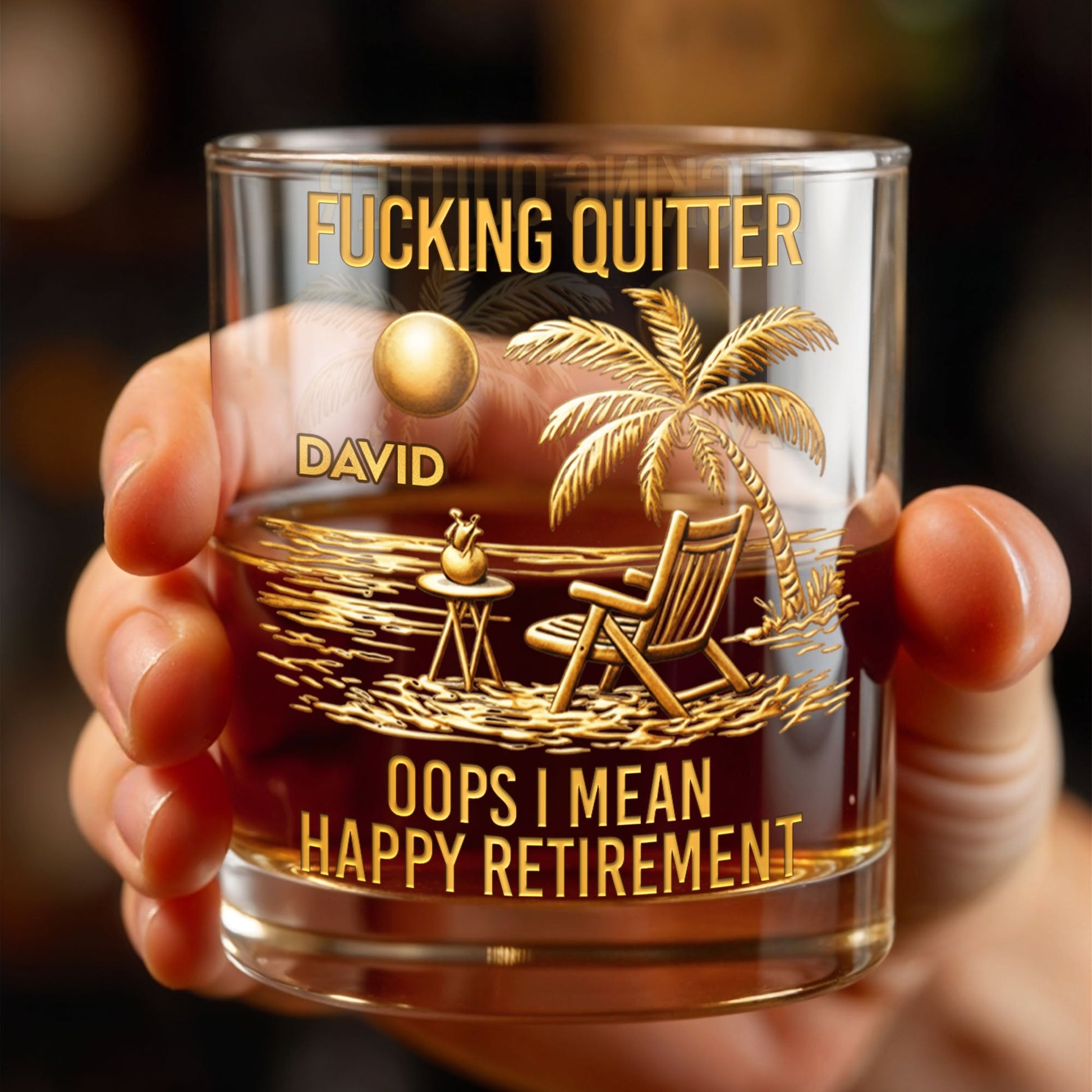Effing Quitter Oops I Mean Happy Retirement Palm Tree And Beach Chair - Personalized Custom Whiskey Glass - RETIRE046_RWG