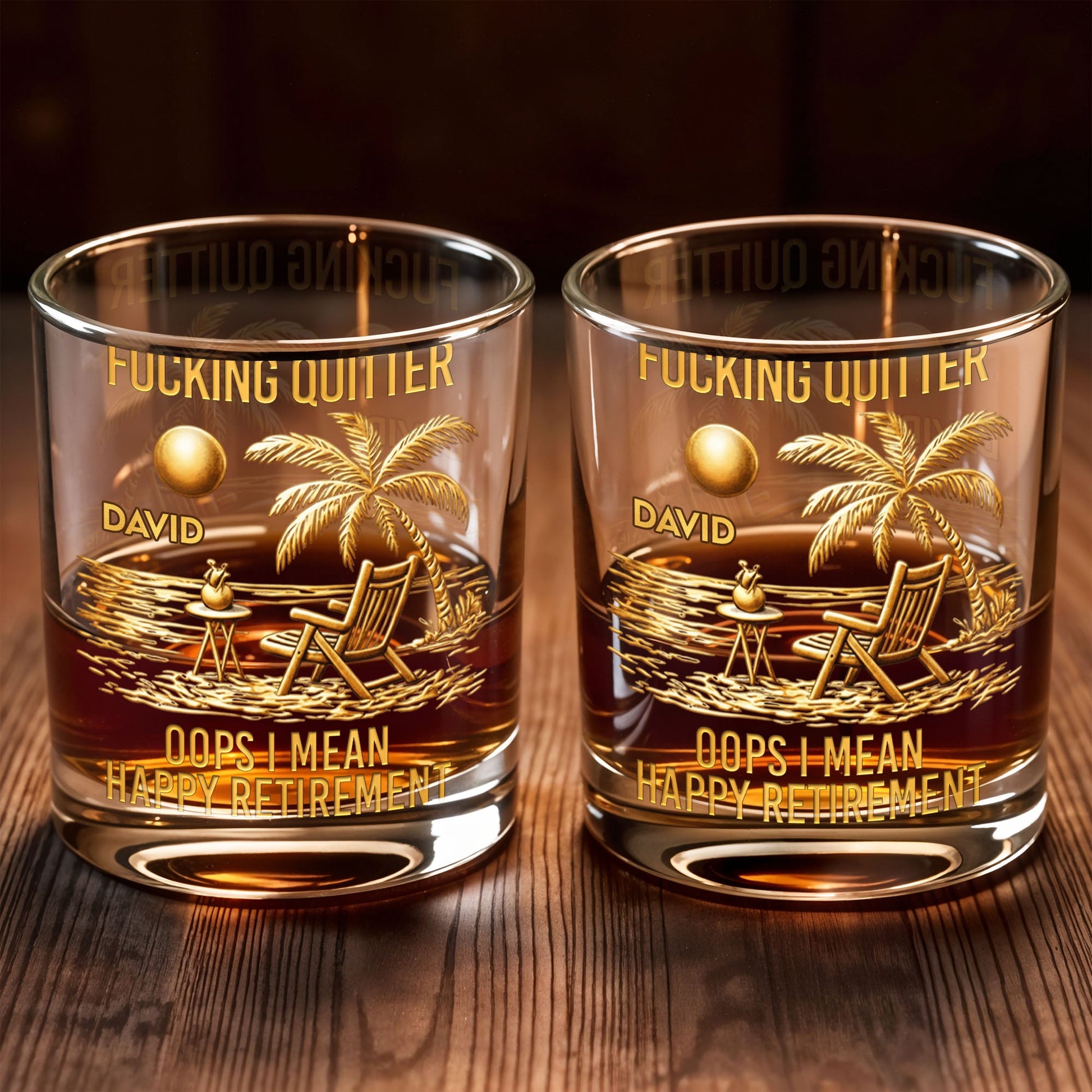 Effing Quitter Oops I Mean Happy Retirement Palm Tree And Beach Chair - Personalized Custom Whiskey Glass - RETIRE046_RWG