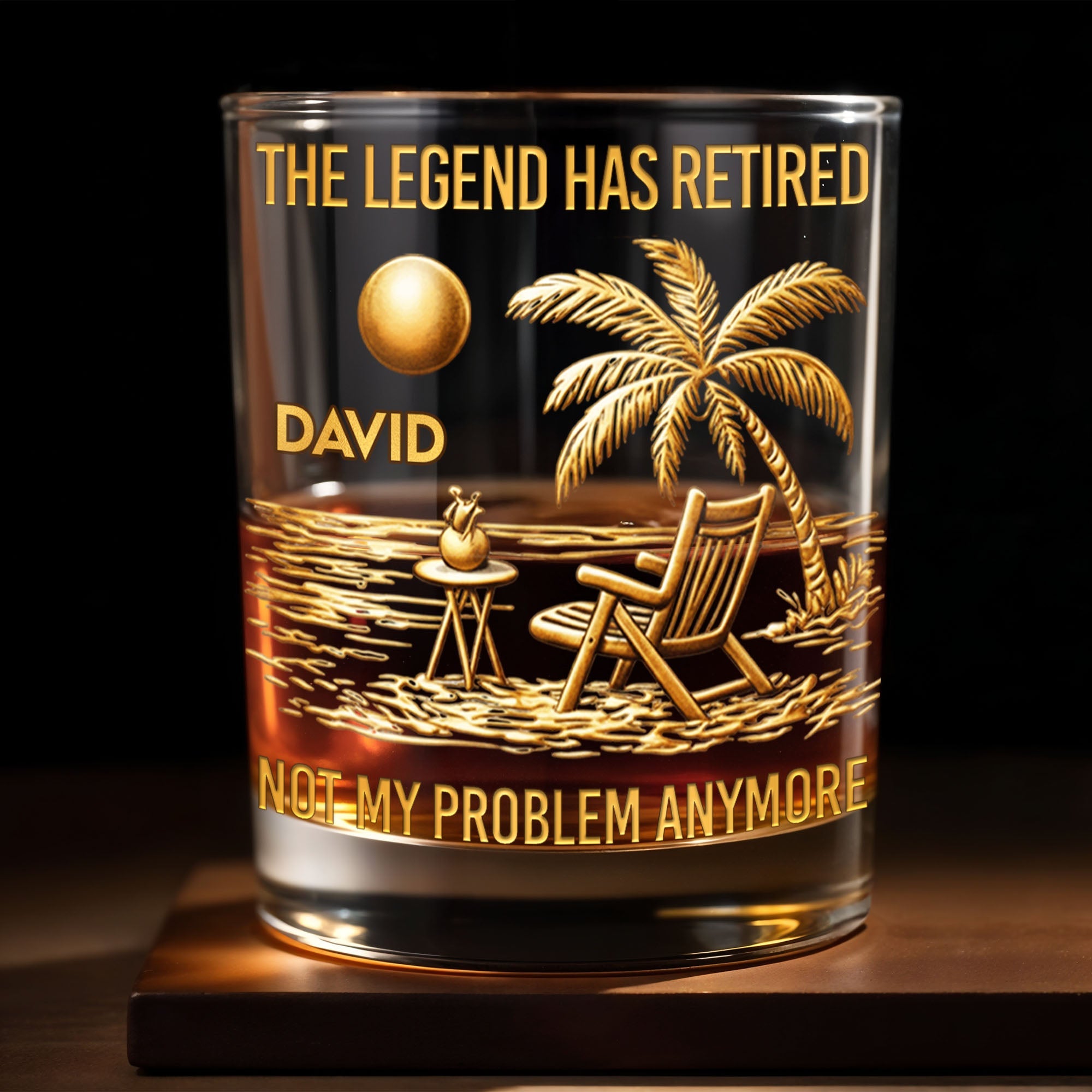 The Legend Has Retired Not My Problem Anymore Palm Tree Beach Scene - Personalized Custom Whiskey Glass - RETIRE047_RWG