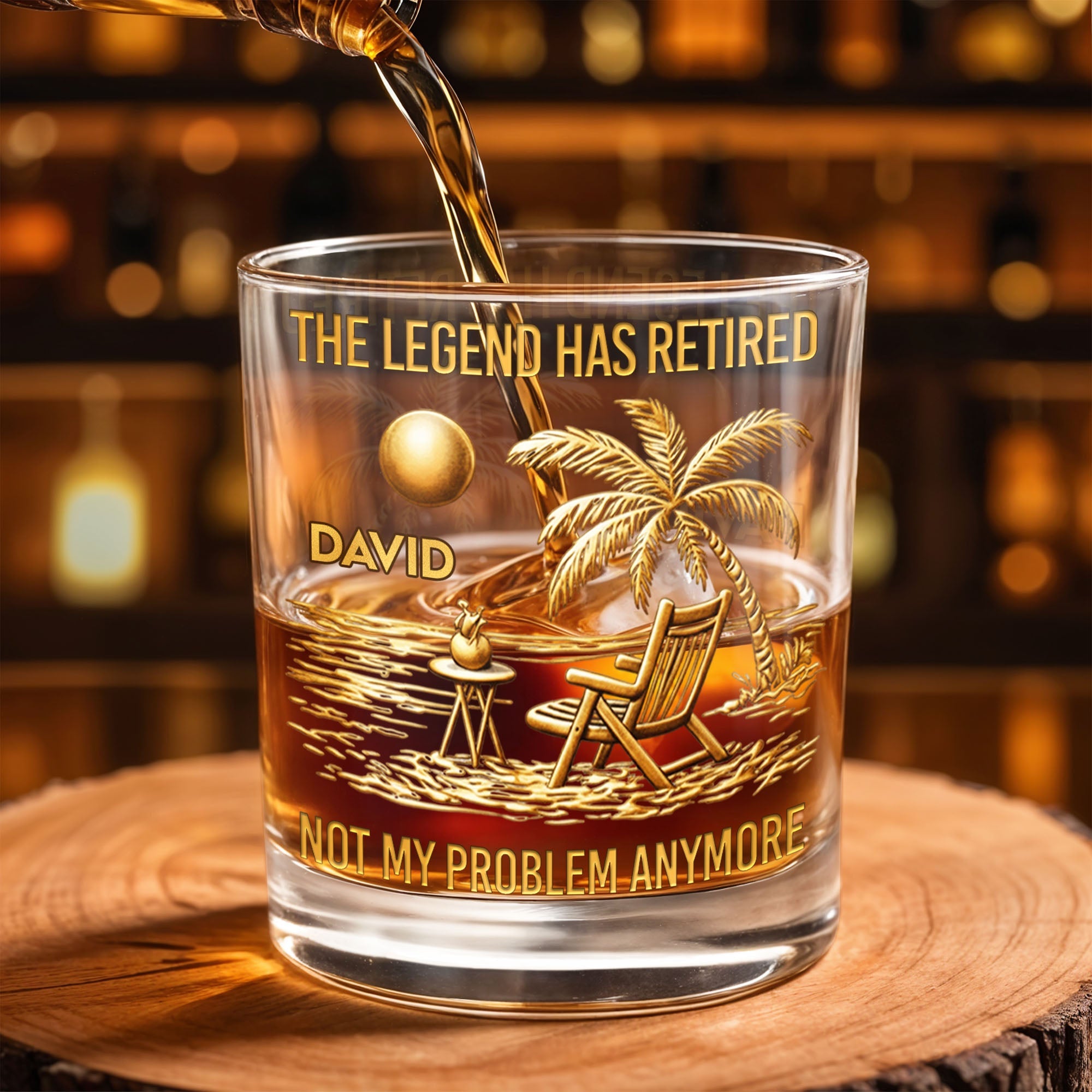 The Legend Has Retired Not My Problem Anymore Palm Tree Beach Scene - Personalized Custom Whiskey Glass - RETIRE047_RWG