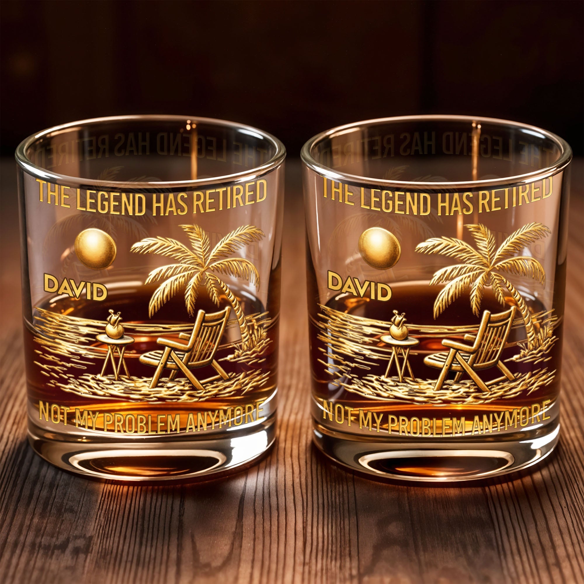 The Legend Has Retired Not My Problem Anymore Palm Tree Beach Scene - Personalized Custom Whiskey Glass - RETIRE047_RWG
