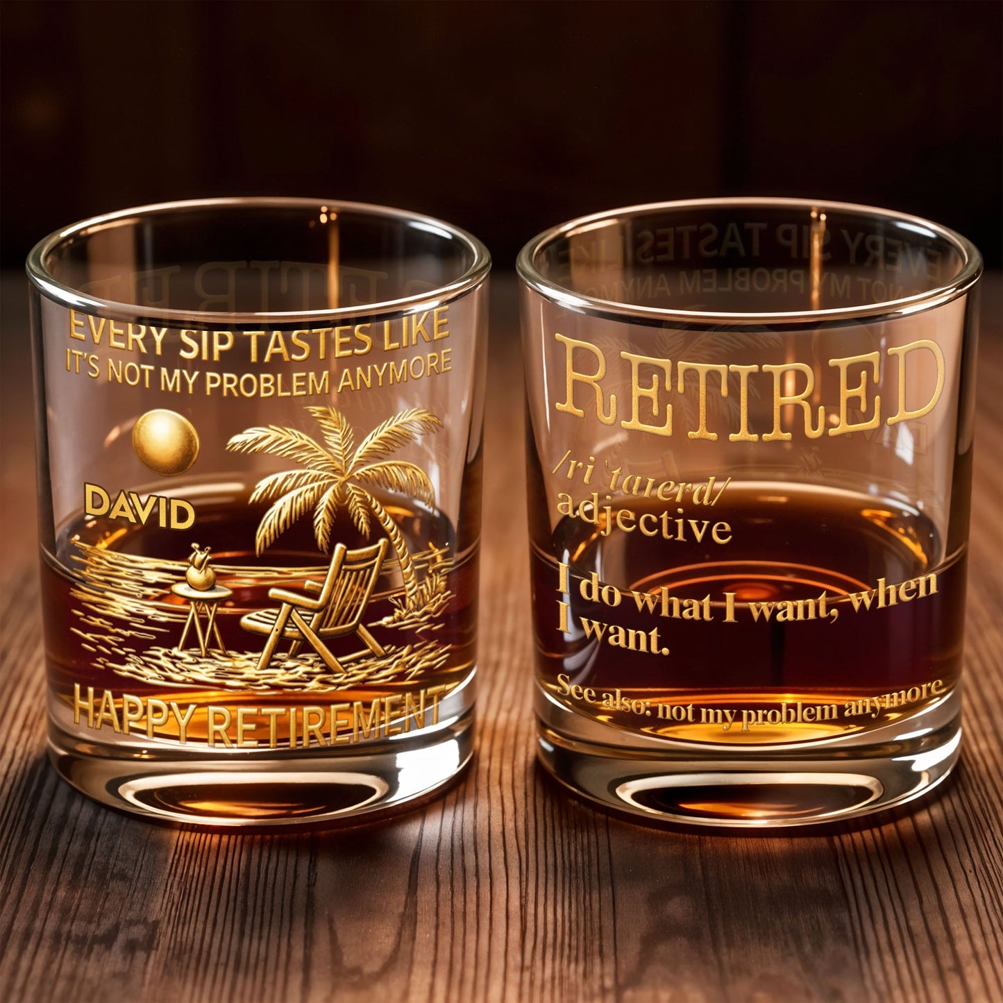 Every Sip Tastes Like It's Not My Problem Anymore Palm Tree Beach Chair - Personalized Custom Whiskey Glass - RETIRE049_RWG