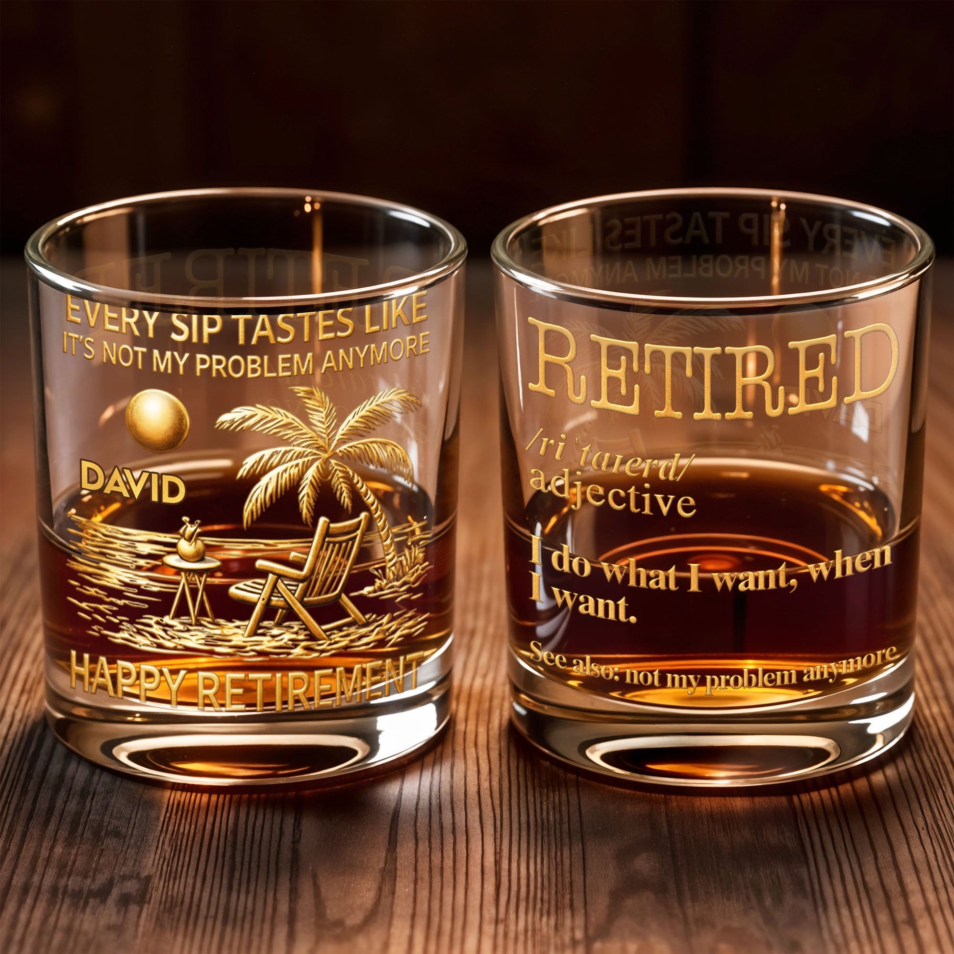 Every Sip Tastes Like It's Not My Problem Anymore Palm Tree Beach Chair - Personalized Custom Whiskey Glass - RETIRE049_RWG