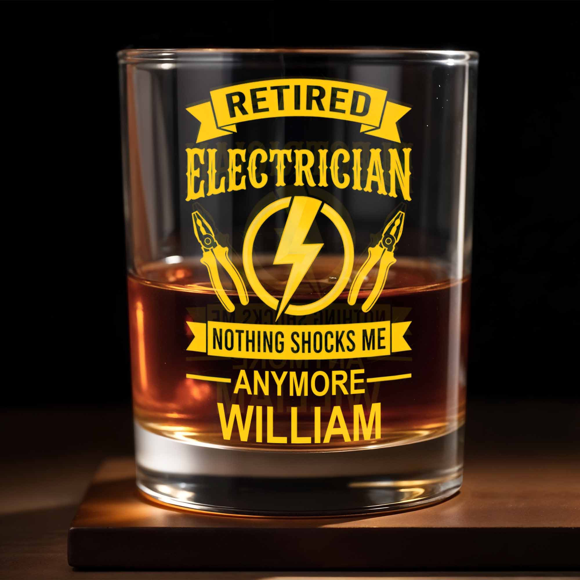 Retired Electrician Nothing Shocks Me Anymore Lightning Bolt And Pliers - Personalized Custom Whiskey Glass - RETIRE052_RWG