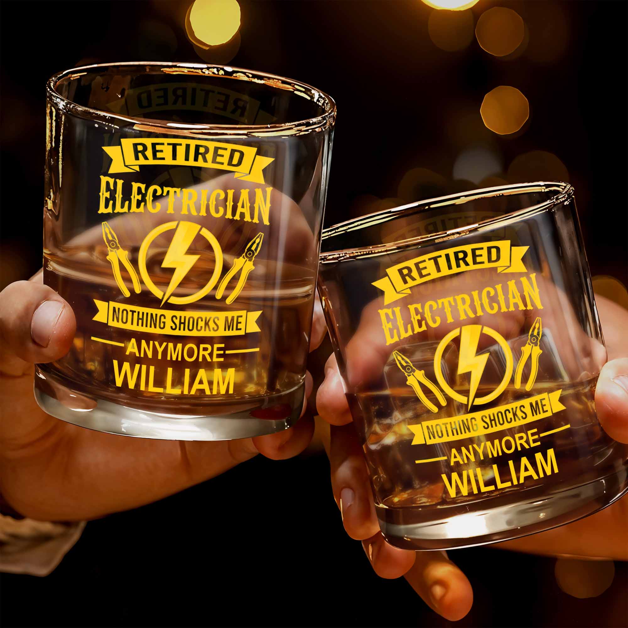 Retired Electrician Nothing Shocks Me Anymore Lightning Bolt And Pliers - Personalized Custom Whiskey Glass - RETIRE052_RWG