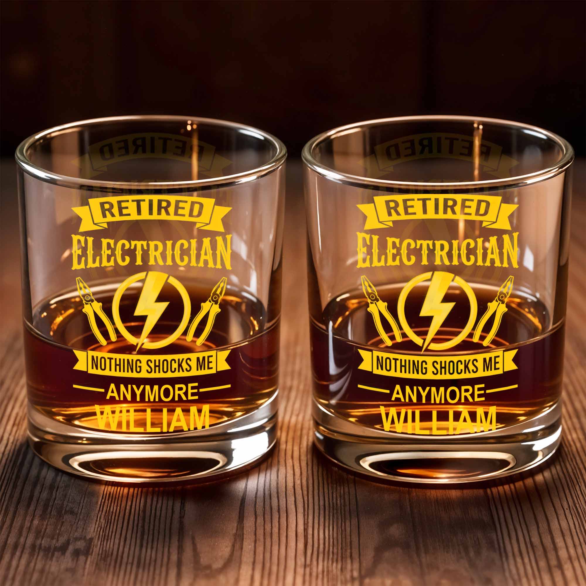 Retired Electrician Nothing Shocks Me Anymore Lightning Bolt And Pliers - Personalized Custom Whiskey Glass - RETIRE052_RWG