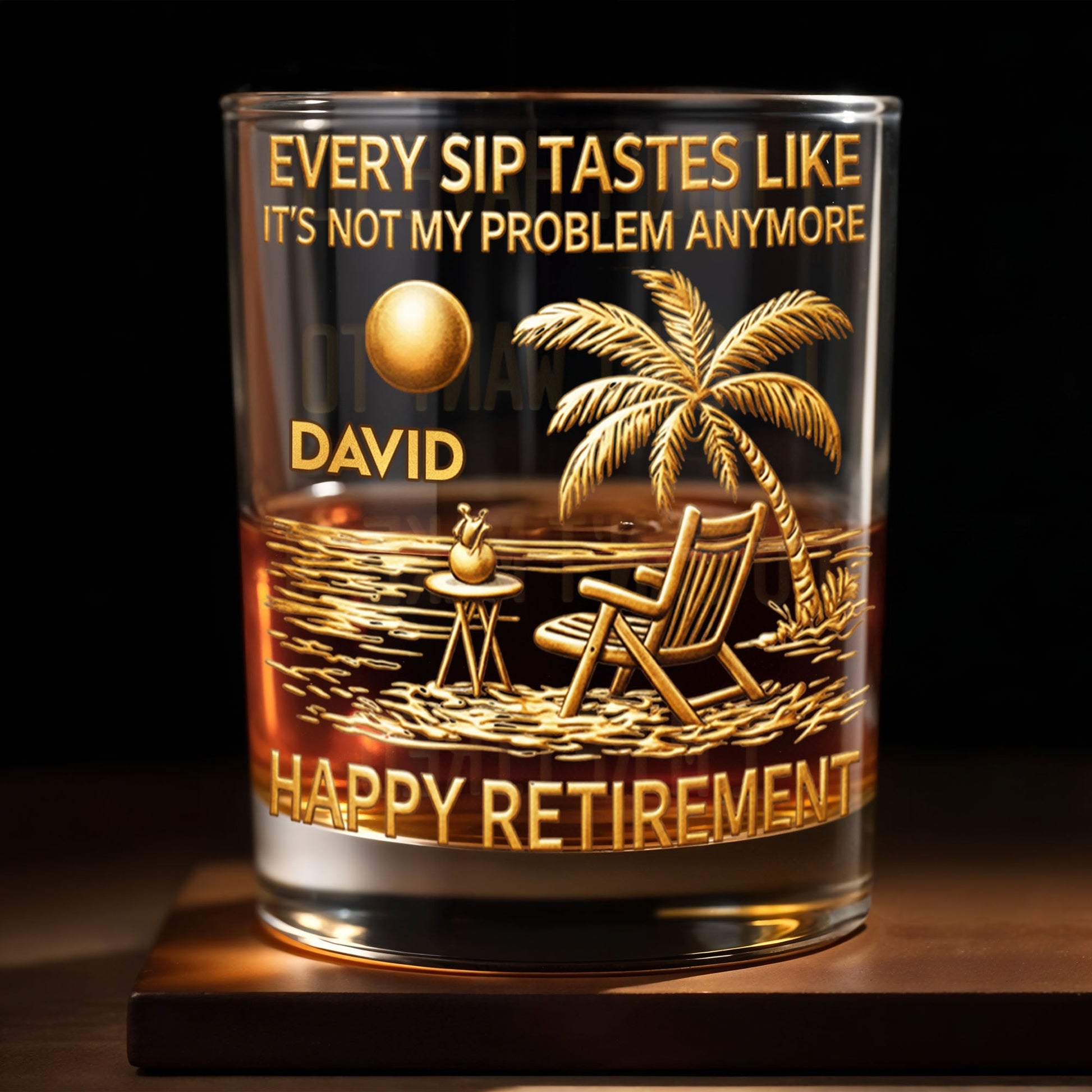 Every Sip Tastes Like It's Not My Problem Palm Tree Beach Retirement - Personalized Custom Whiskey Glass - RETIRE059_RWG