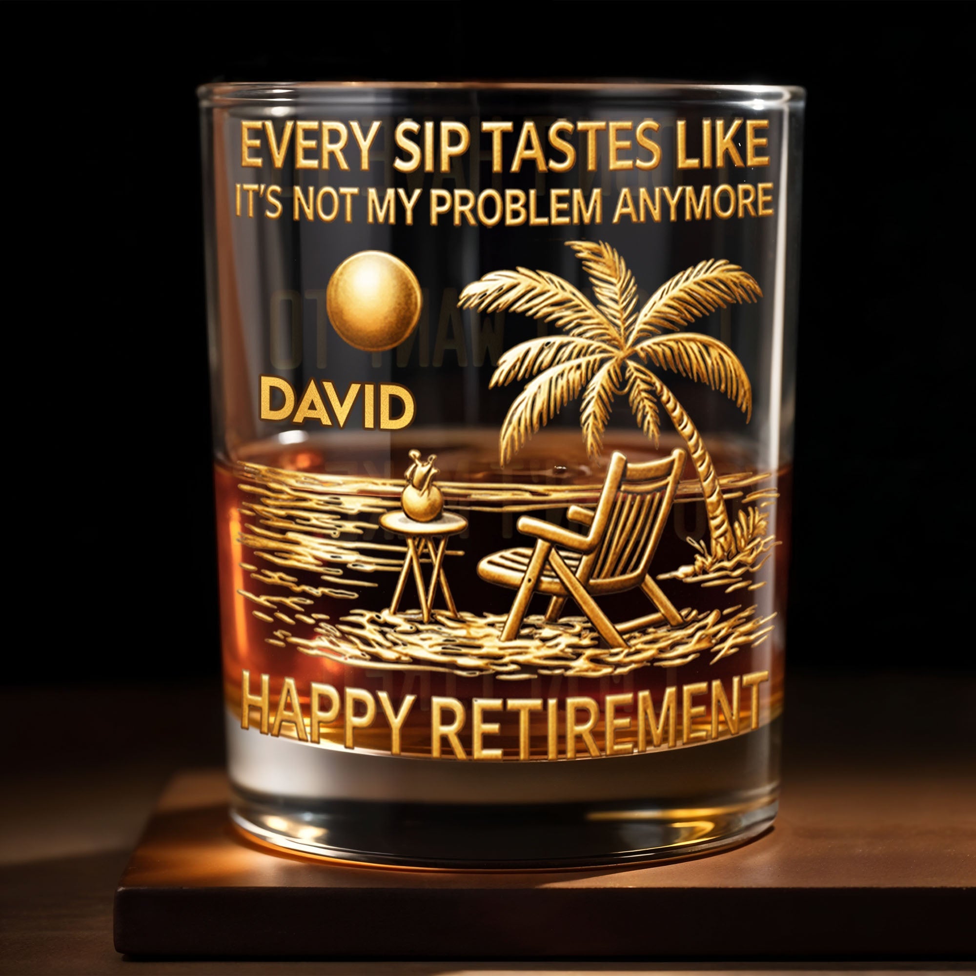 Every Sip Tastes Like It's Not My Problem Palm Tree Beach Retirement - Personalized Custom Whiskey Glass - RETIRE059_RWG