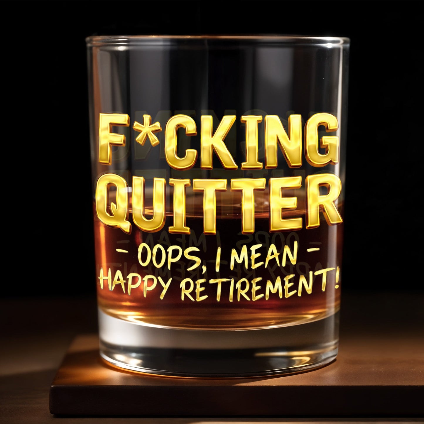 Effing Quitter Oops I Mean Happy Retirement With 3D Effect Letters - Personalized Custom Whiskey Glass - RETIRE062_RWG
