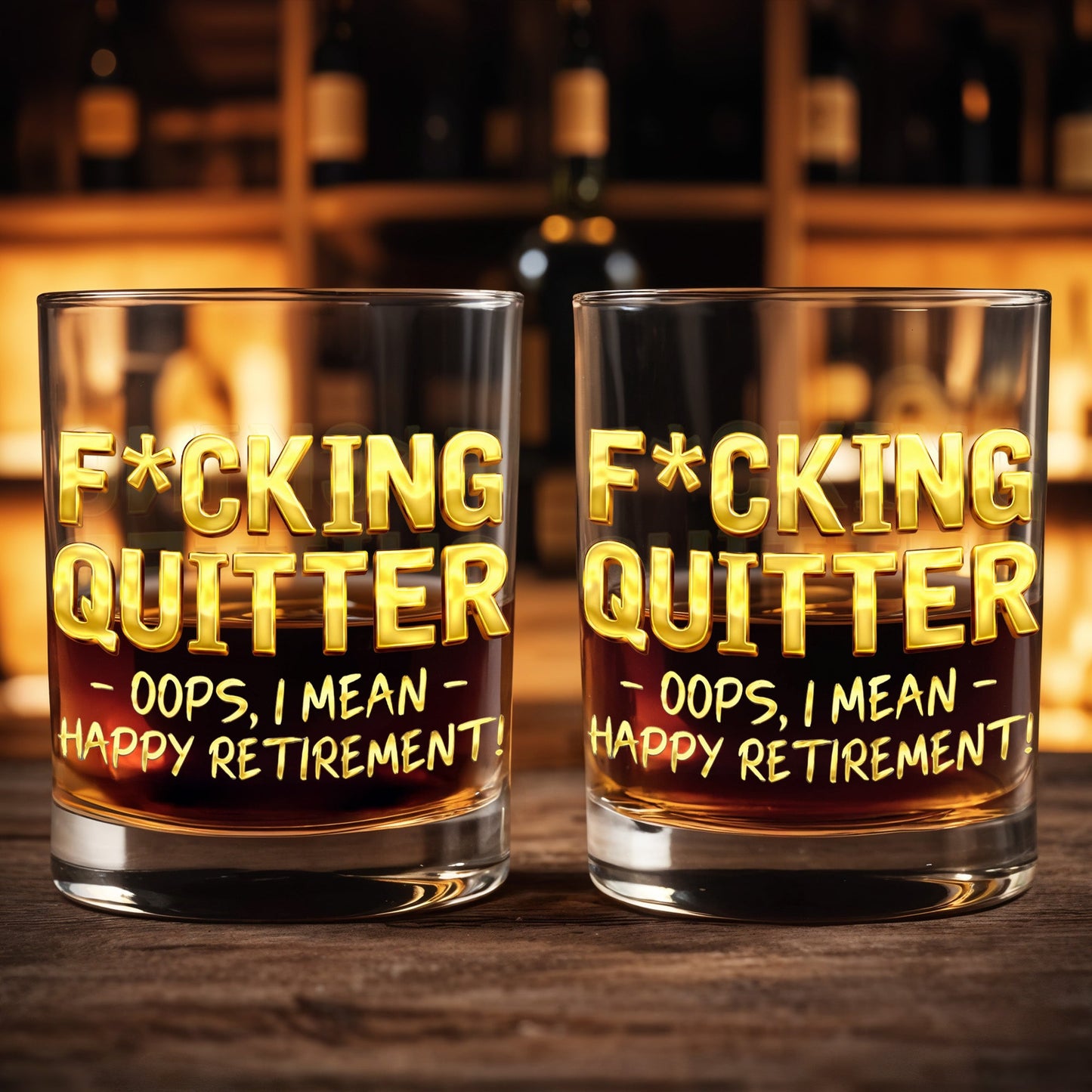 Effing Quitter Oops I Mean Happy Retirement With 3D Effect Letters - Personalized Custom Whiskey Glass - RETIRE062_RWG