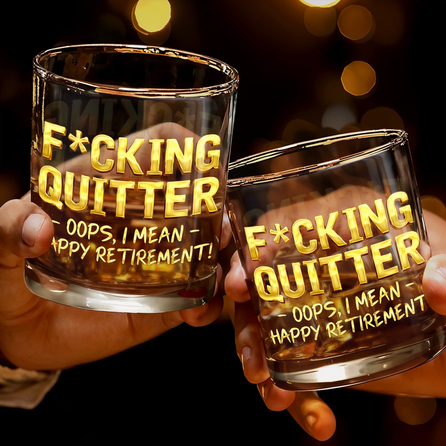 Effing Quitter Oops I Mean Happy Retirement With 3D Effect Letters - Personalized Custom Whiskey Glass - RETIRE062_RWG
