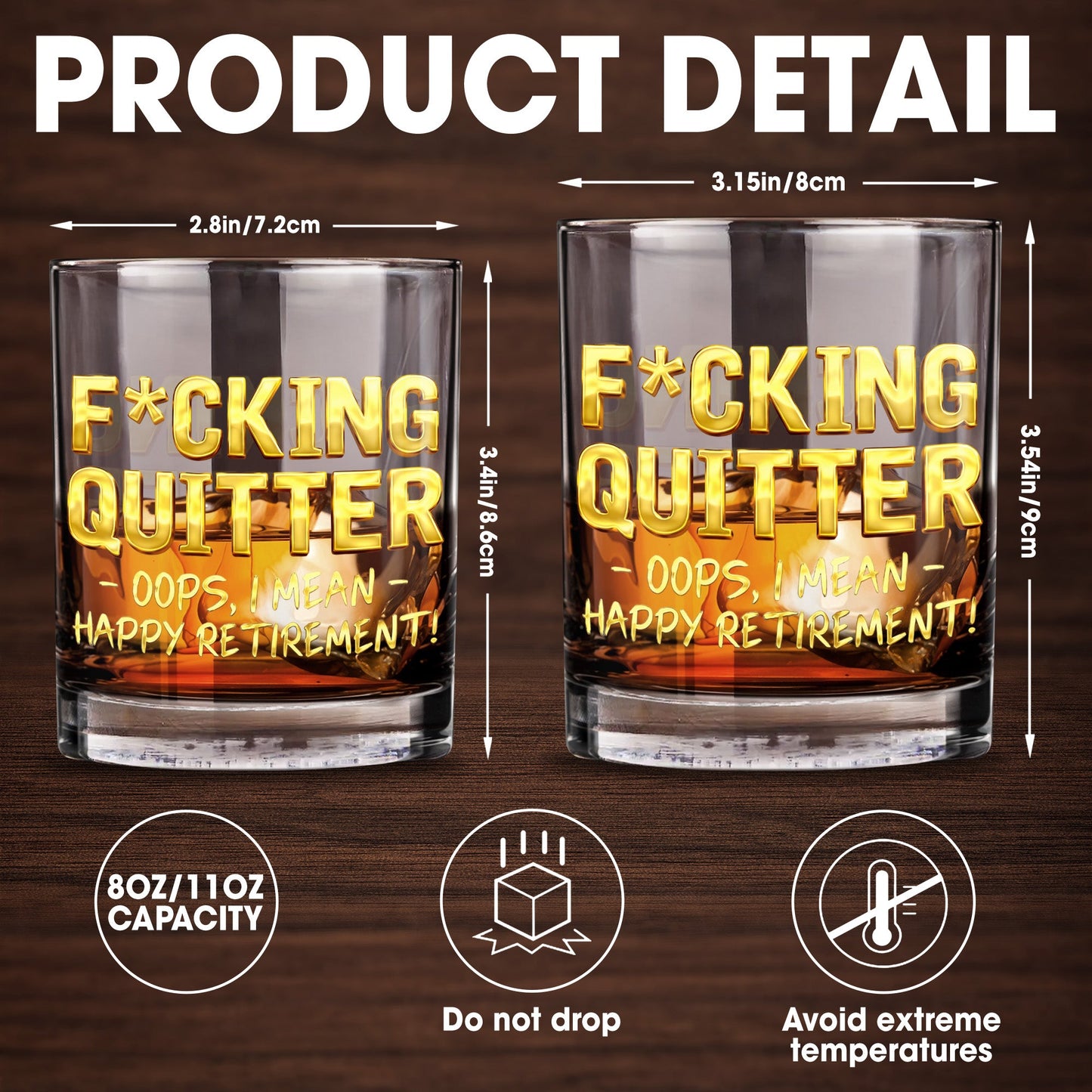 Effing Quitter Oops I Mean Happy Retirement With 3D Effect Letters - Personalized Custom Whiskey Glass - RETIRE062_RWG