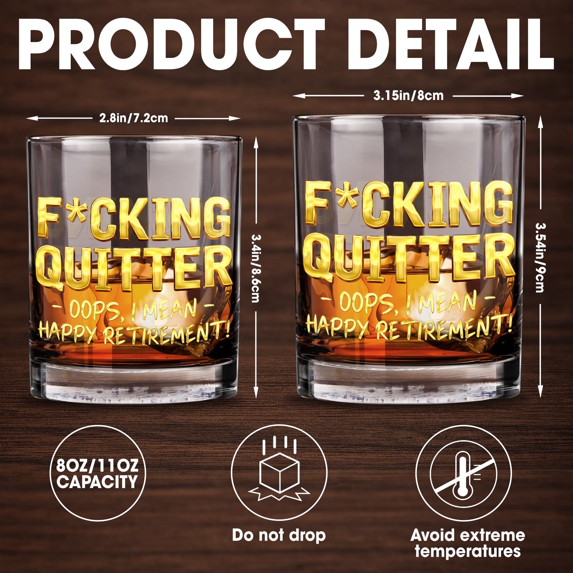 Effing Quitter Oops I Mean Happy Retirement With 3D Effect Letters - Personalized Custom Whiskey Glass - RETIRE062_RWG