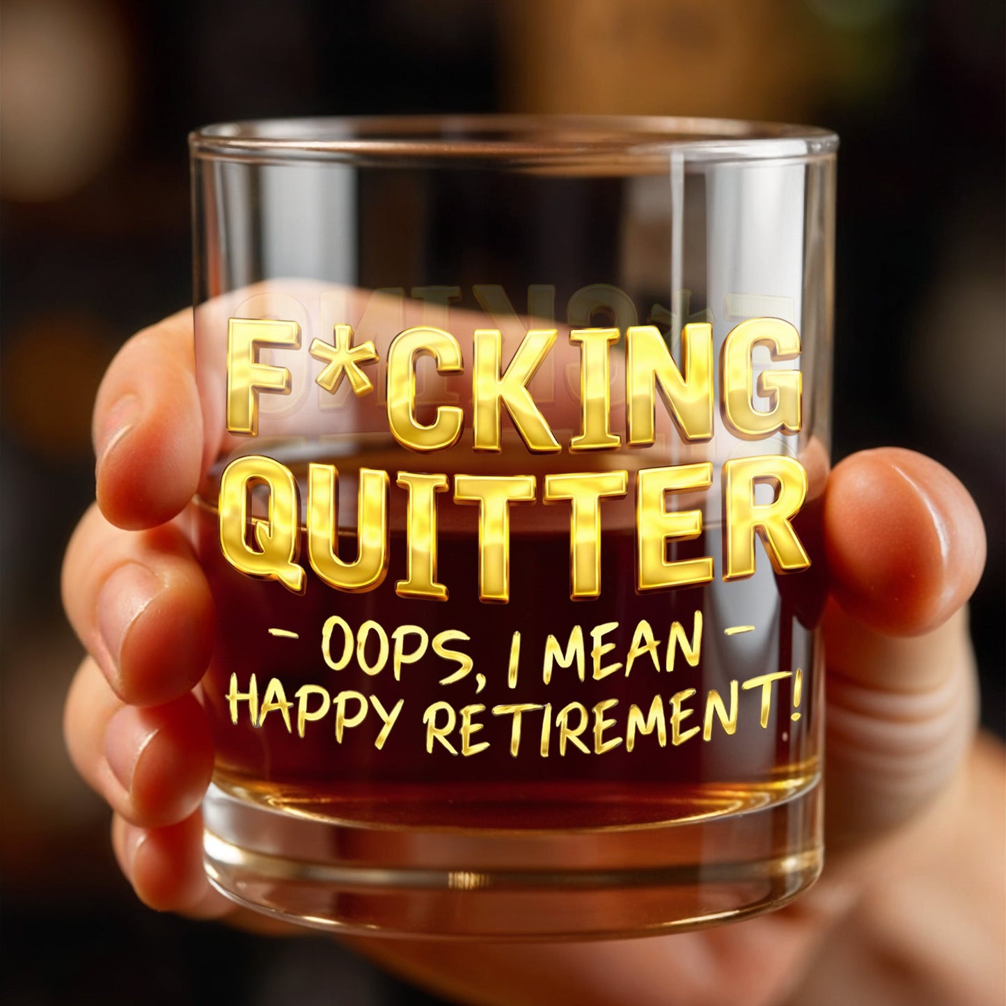 Effing Quitter Oops I Mean Happy Retirement With 3D Effect Letters - Personalized Custom Whiskey Glass - RETIRE062_RWG