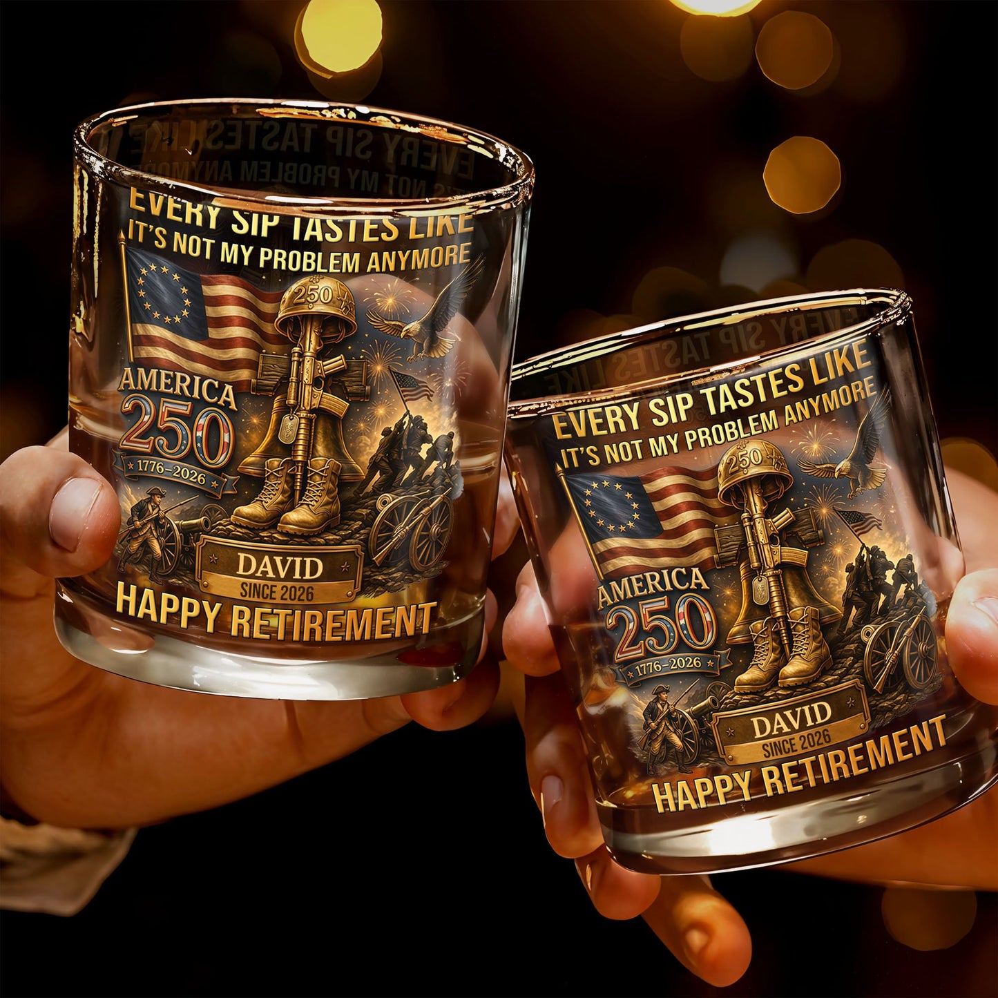 Every Sip Tastes Like It's Not My Problem Anymore Military Retirement Eagle Flag - Personalized Custom Whiskey Glass - RETIRE067_RWG