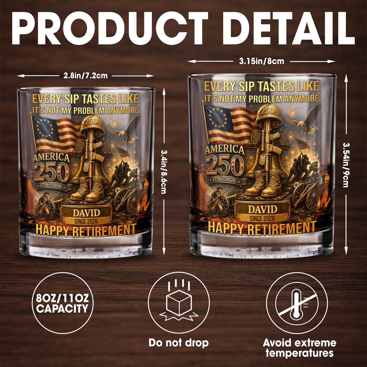 Every Sip Tastes Like It's Not My Problem Anymore Military Retirement Eagle Flag - Personalized Custom Whiskey Glass - RETIRE067_RWG
