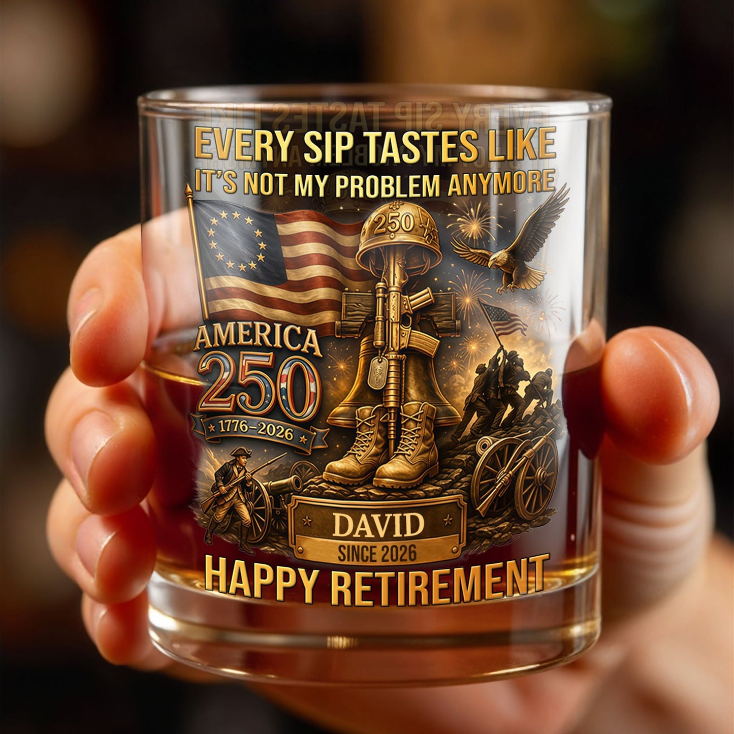 Every Sip Tastes Like It's Not My Problem Anymore Military Retirement Eagle Flag - Personalized Custom Whiskey Glass - RETIRE067_RWG