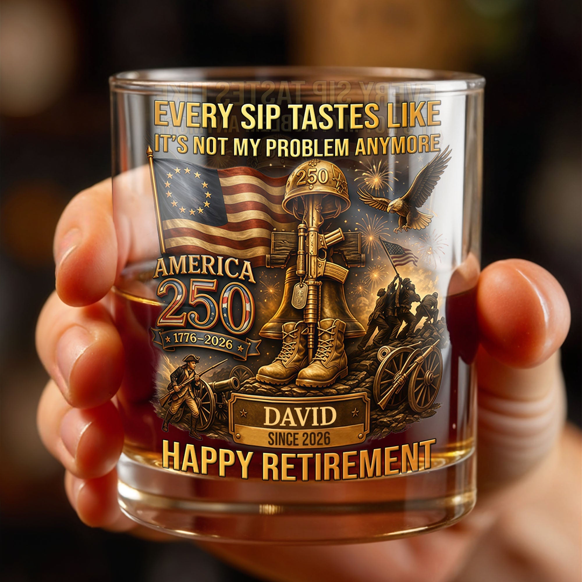 Every Sip Tastes Like It's Not My Problem Anymore Military Retirement Eagle Flag - Personalized Custom Whiskey Glass - RETIRE067_RWG