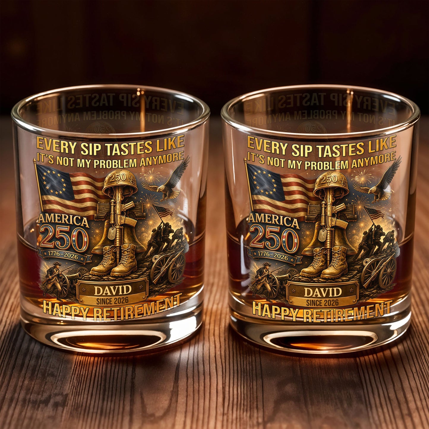 Every Sip Tastes Like It's Not My Problem Anymore Military Retirement Eagle Flag - Personalized Custom Whiskey Glass - RETIRE067_RWG